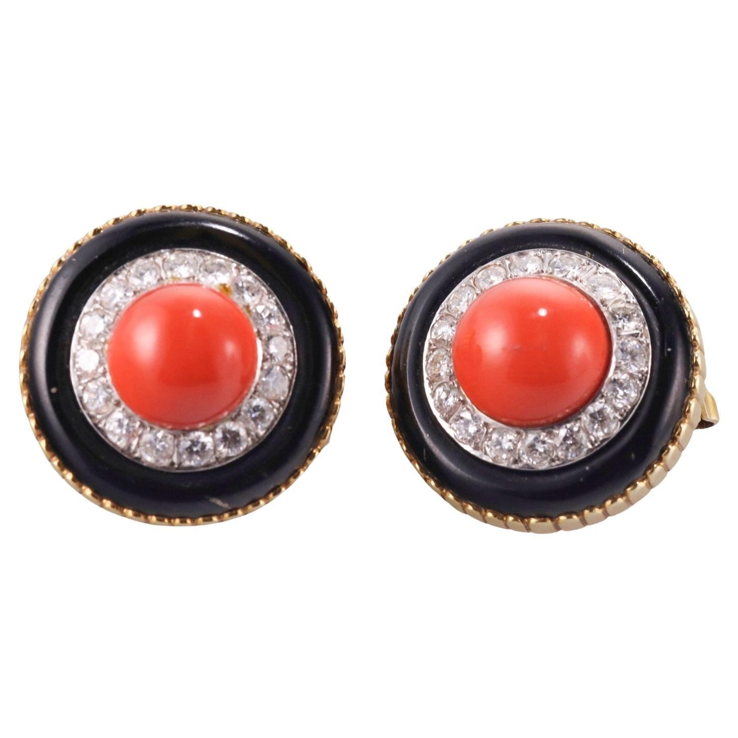 1980s Coral Onyx Diamond Gold Button Earrings