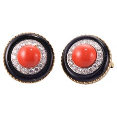 Vintage 1980s Coral Onyx Diamond Gold Button Earrings