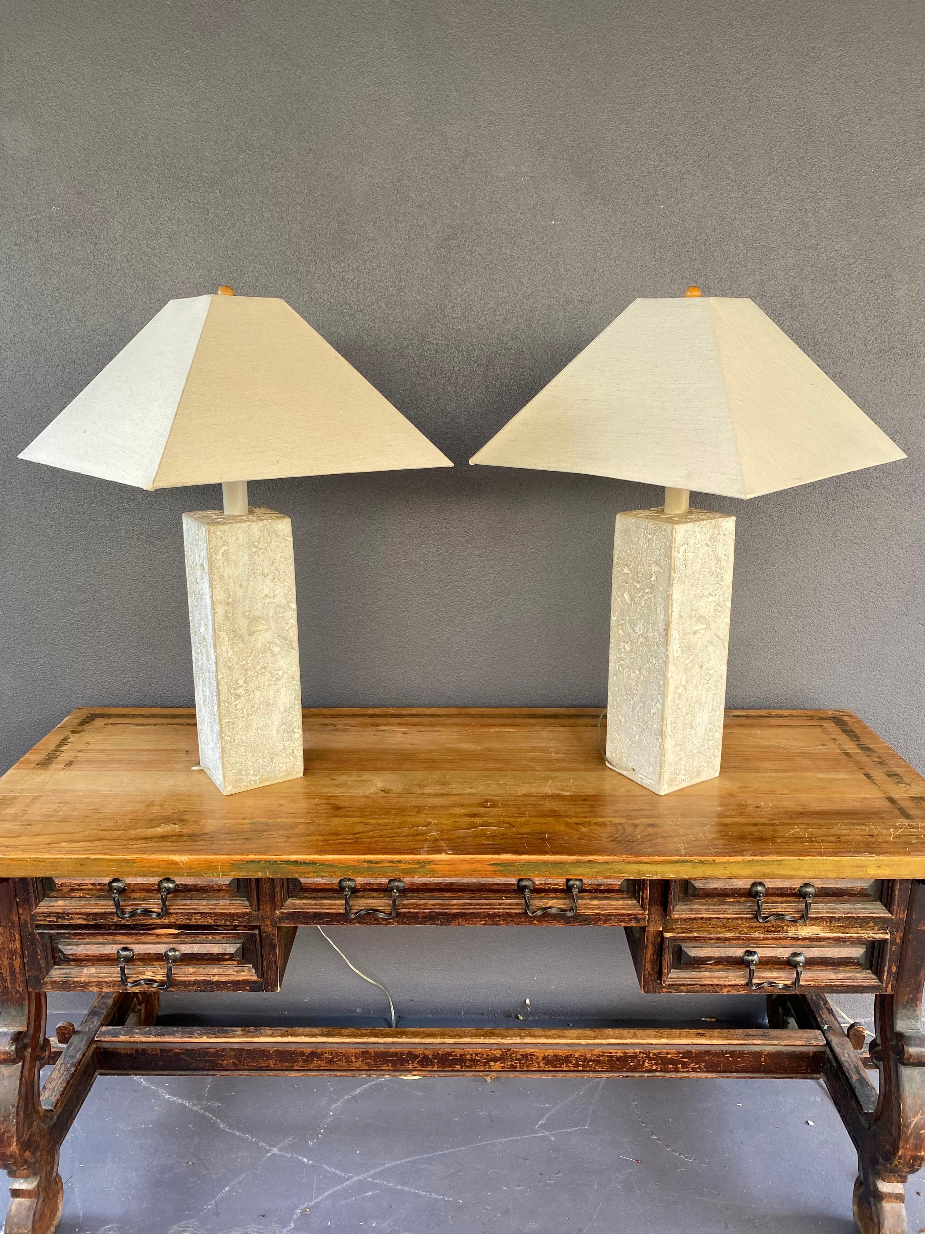 Post-Modern 1980s Natural Textured Coral Stone Shell Table Lamps, Set of 2 For Sale