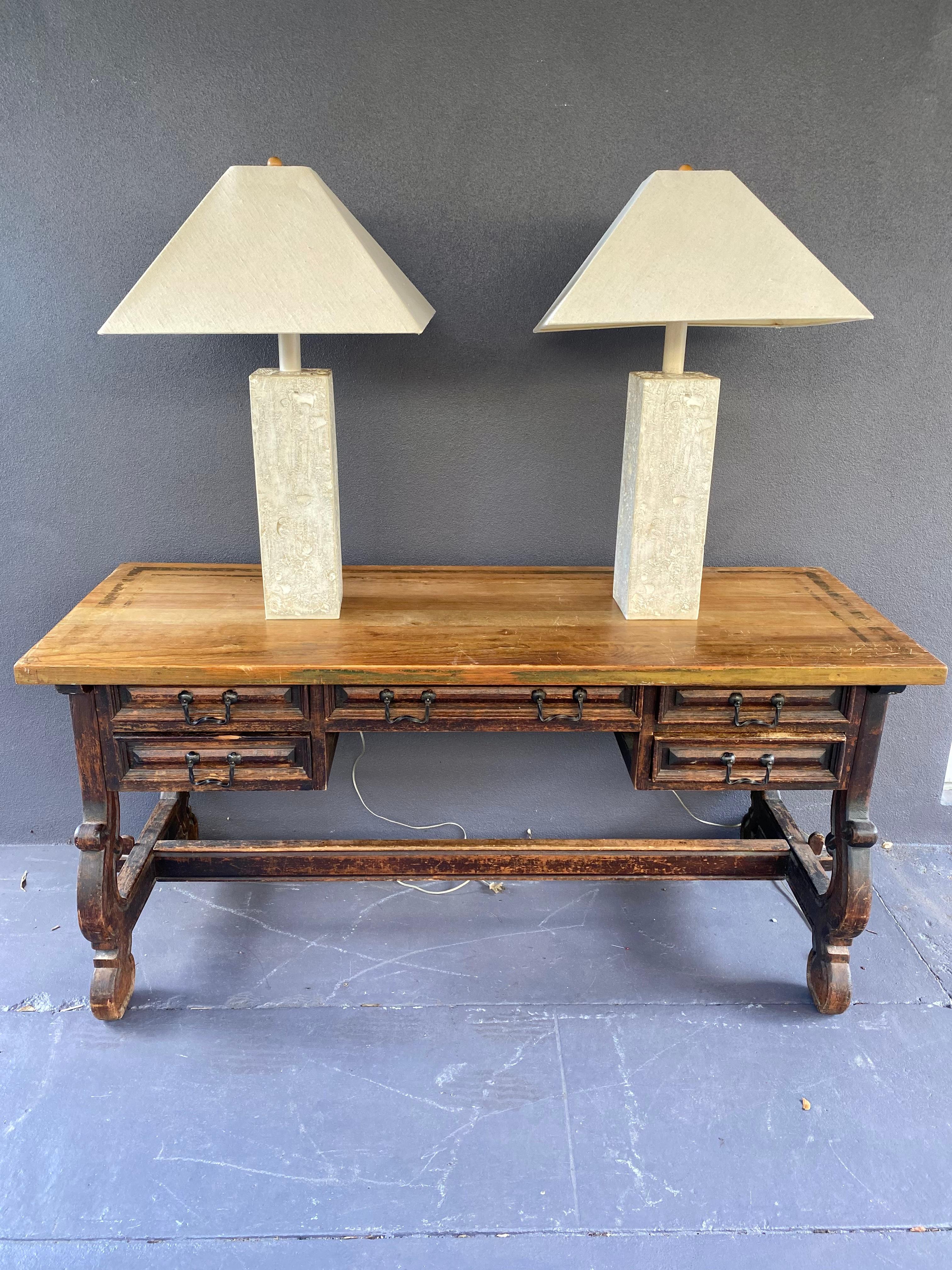 Late 20th Century 1980s Natural Textured Coral Stone Shell Table Lamps, Set of 2 For Sale