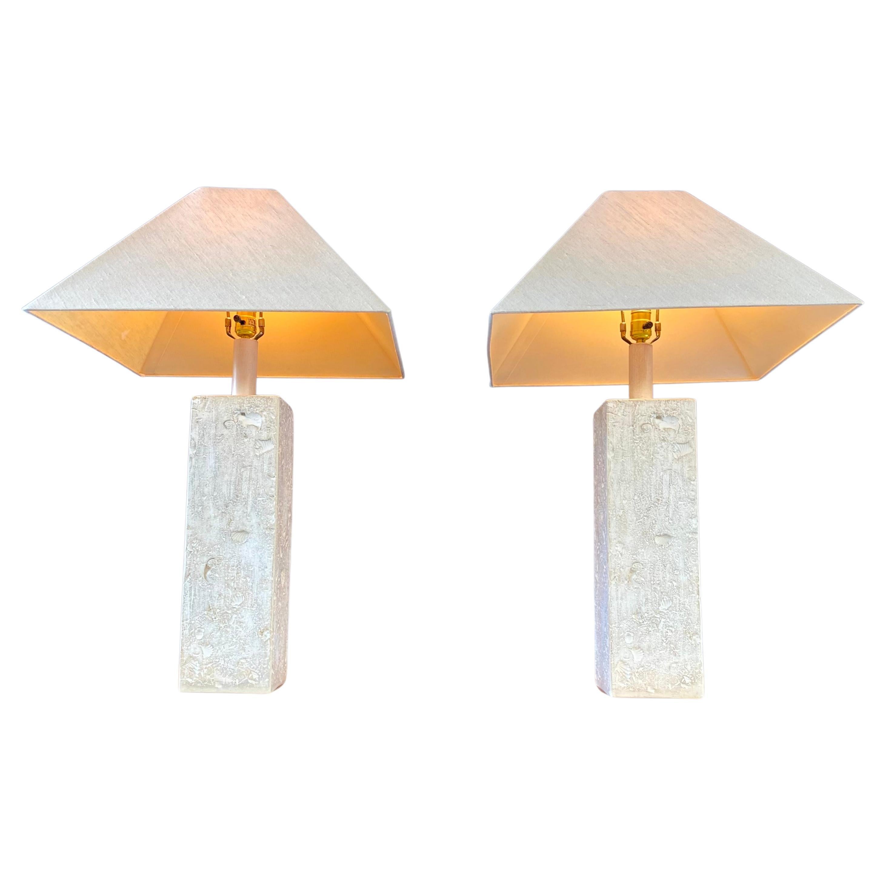 1980s Natural Textured Coral Stone Shell Table Lamps, Set of 2