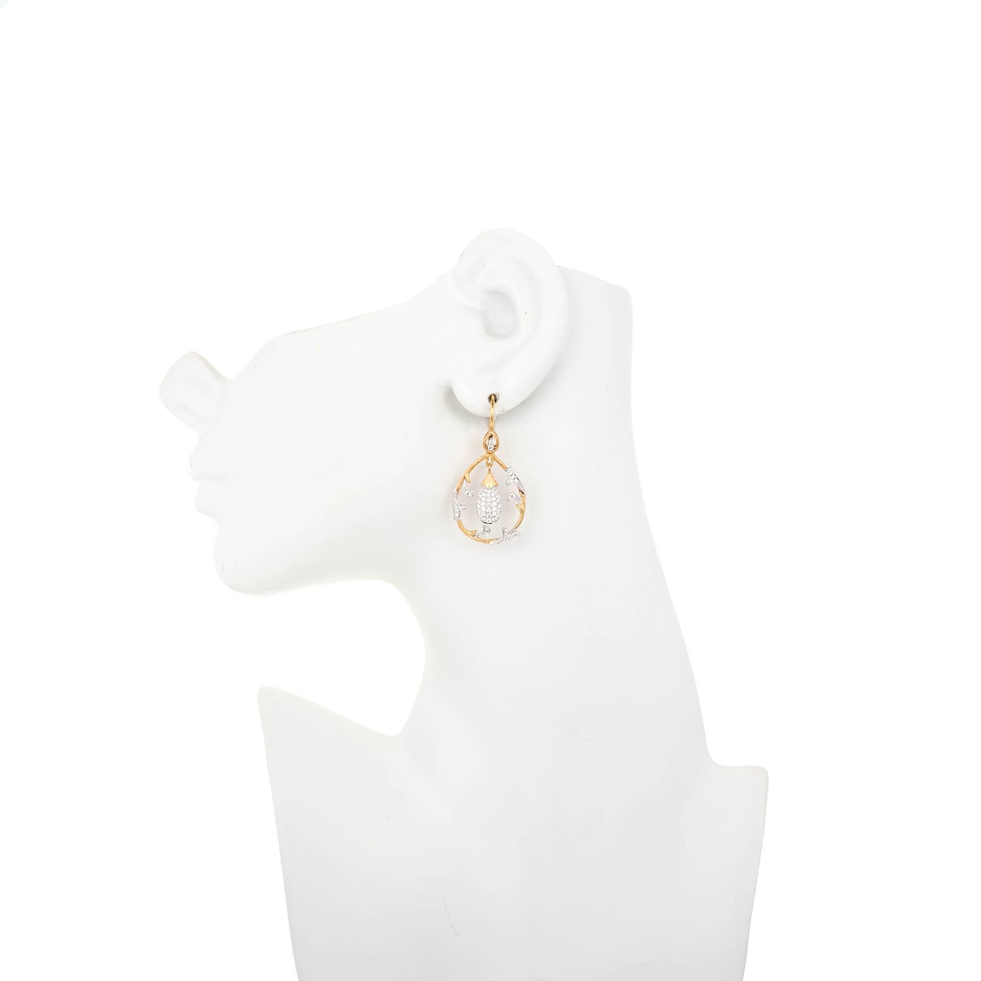 Round Cut Cordova .75 Carat Diamond Two-Tone Gold Dangle Chandelier Earrings For Sale