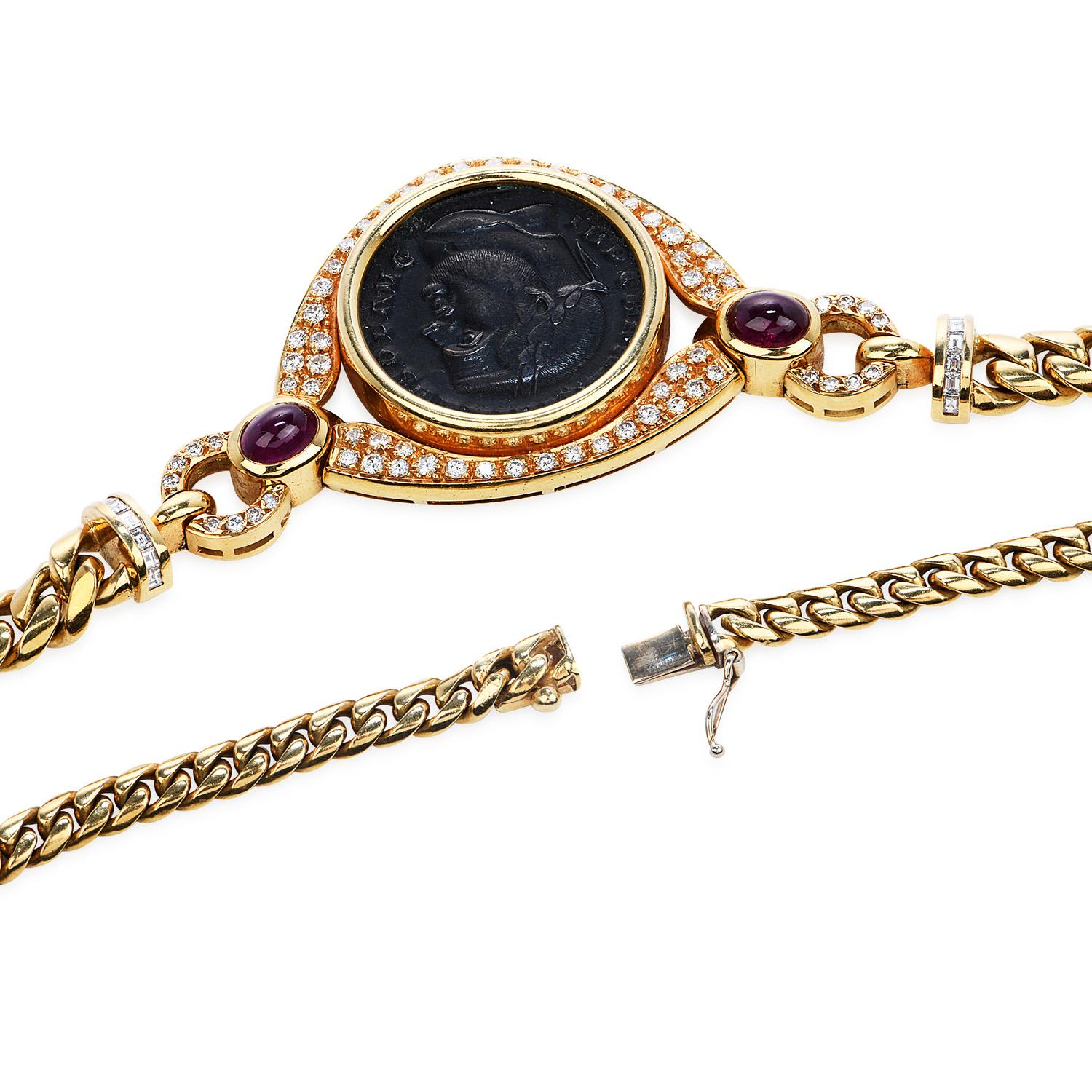 Cabochon 1980's Corinth 18k Gold Coin Diamond Ruby Pendant Chain Necklace