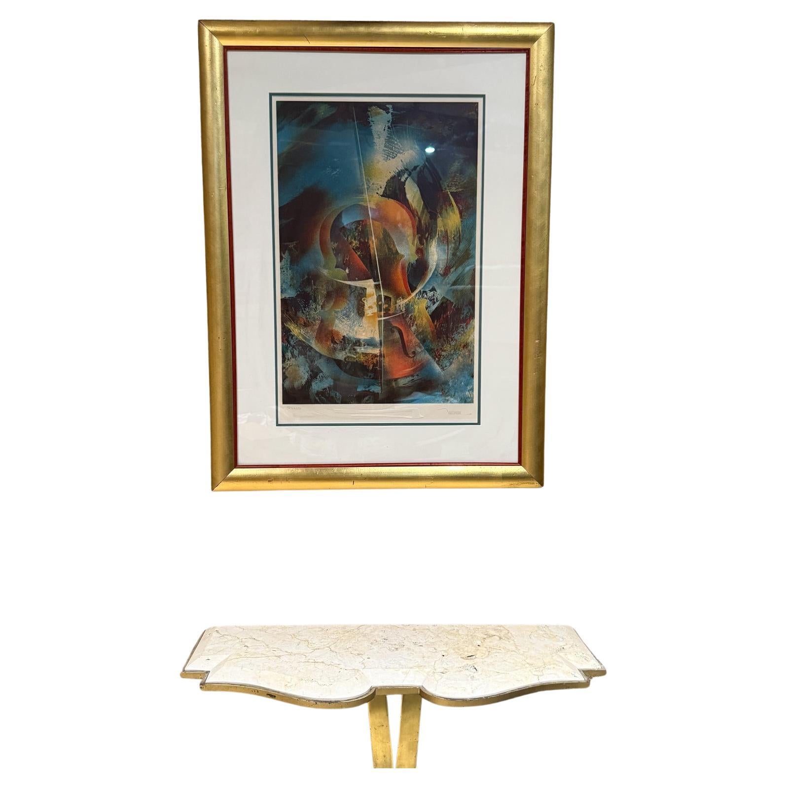 Per la tua considerazione, una litografia astratta originale di Leonardo Nierman
Vento cosmico
Prodotto in Messico negli anni '80
Firmato a matita in basso a destra. COA sul retro.
Cornice originale in foglia d'oro
27 l x 35,75 h x .75 p D. A. 15,25