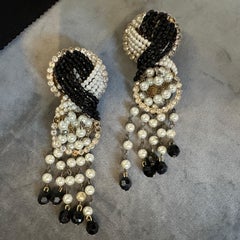 1980s Costume Jewelry Black Bead and Cream Pearls Italian Clip-on Earrings