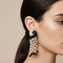 1980s Costume Jewelry Black Bead and Cream Pearls Italian Clip-on Earrings