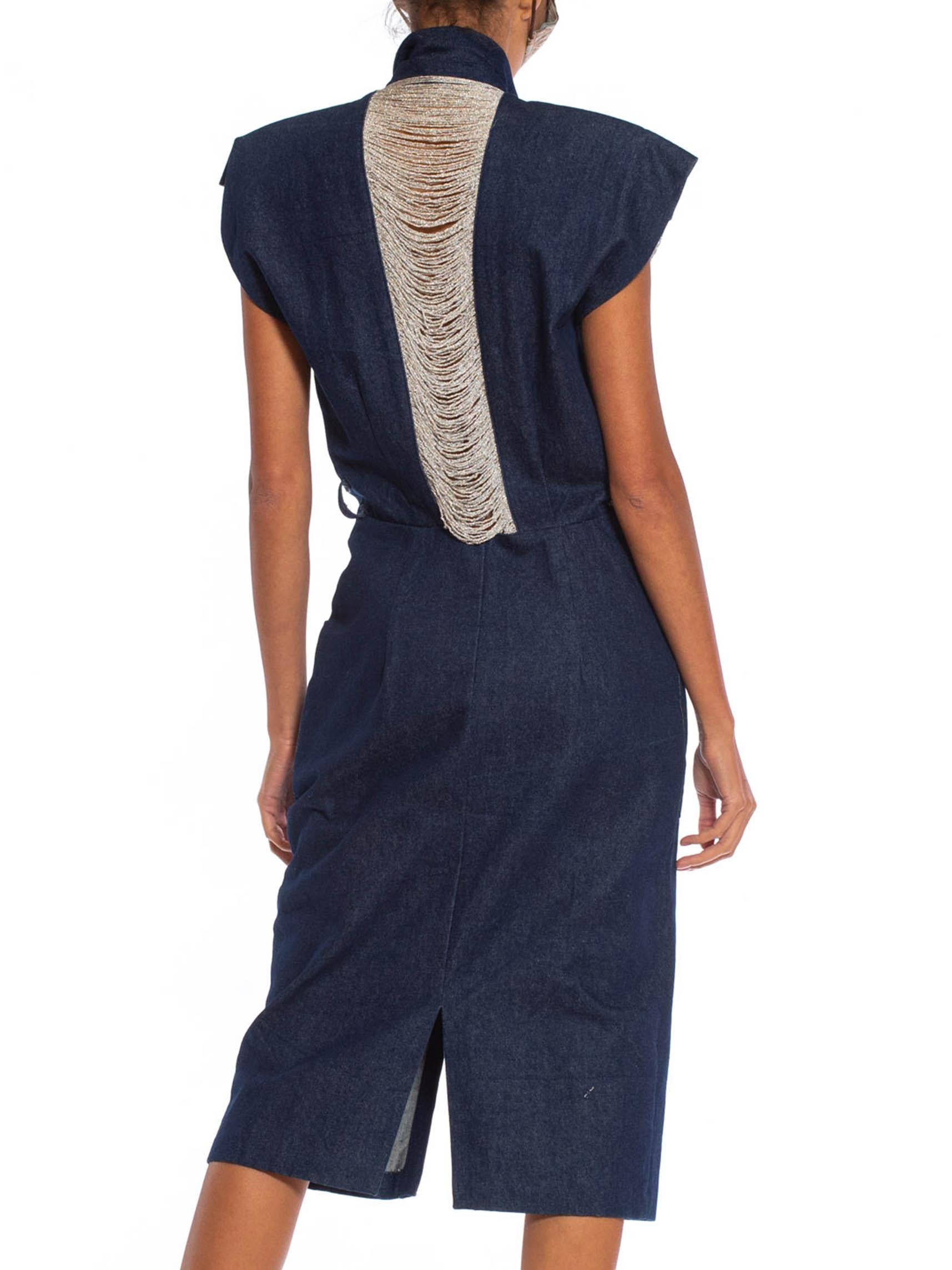 1980S Cotton Denim Sleeveless Shirt Dress With Silver Lurex Fringe In Excellent Condition In New York, NY