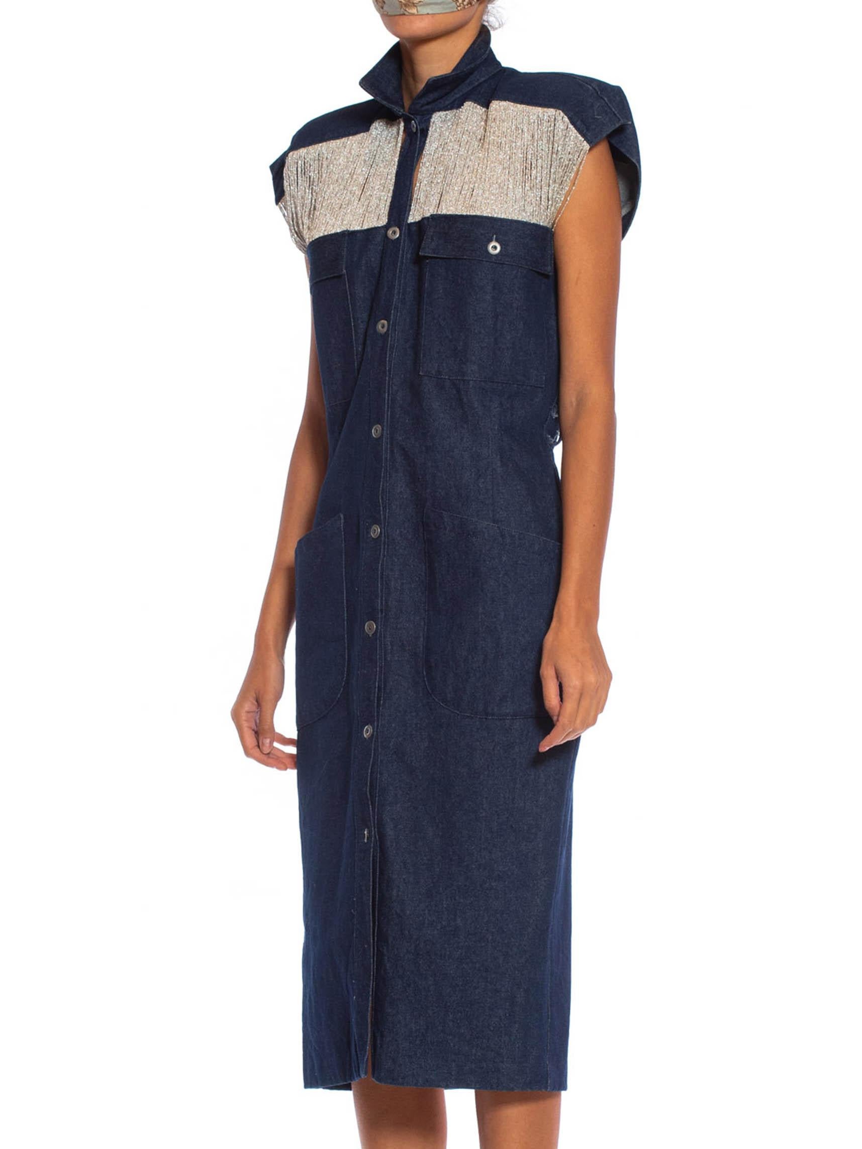Women's 1980S Cotton Denim Sleeveless Shirt Dress With Silver Lurex Fringe