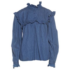 Vintage 1980S Cotton Denim Victorian Style Ruffled Blouse