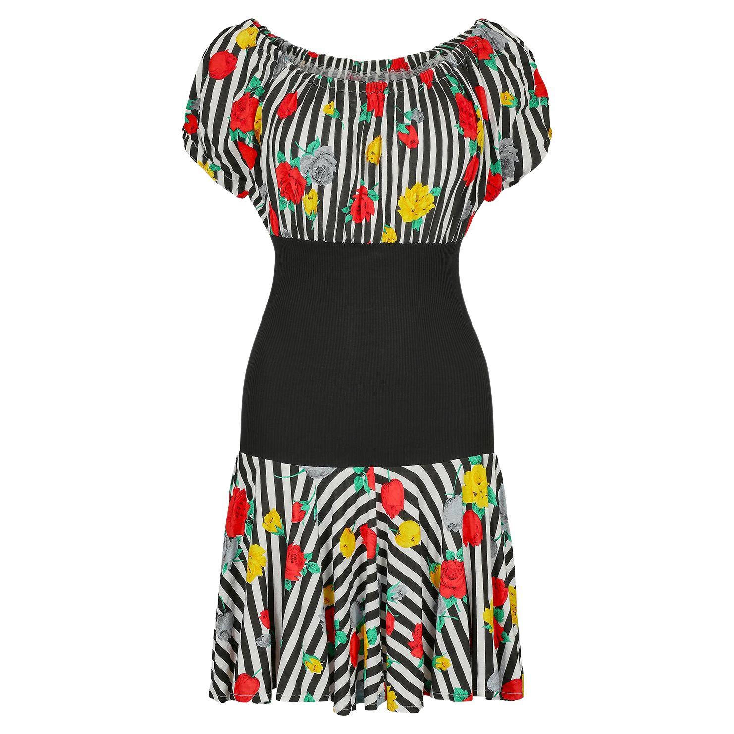 Robe rayée à imprimé floral camélia en coton des années 1980