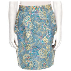 1990S Blue  Cotton Denim Jean Skirt With Floral Embroidery