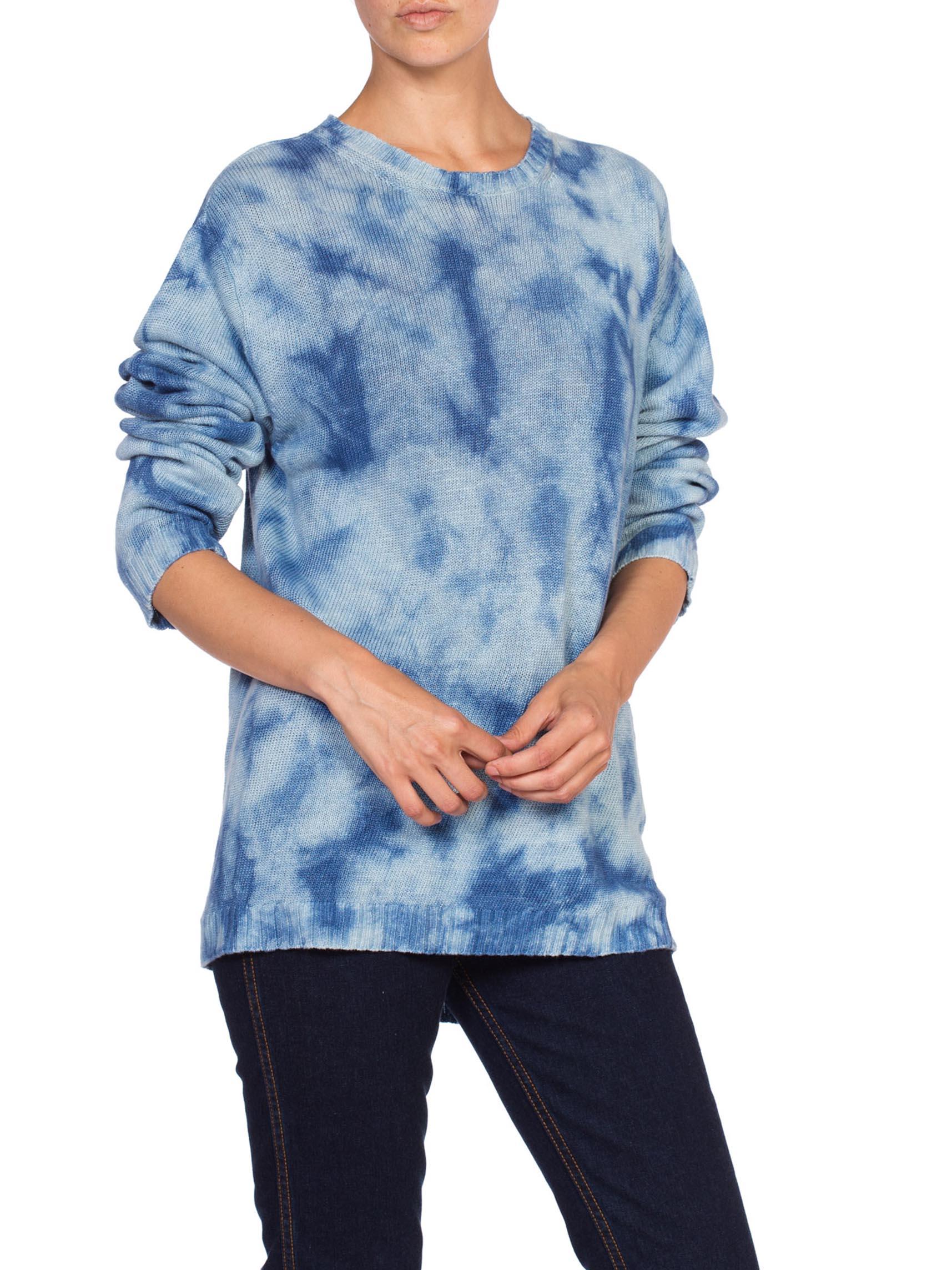 Women's 1980'S Cotton Linen Summer Knit Blue Denim Tie Dye Sweater