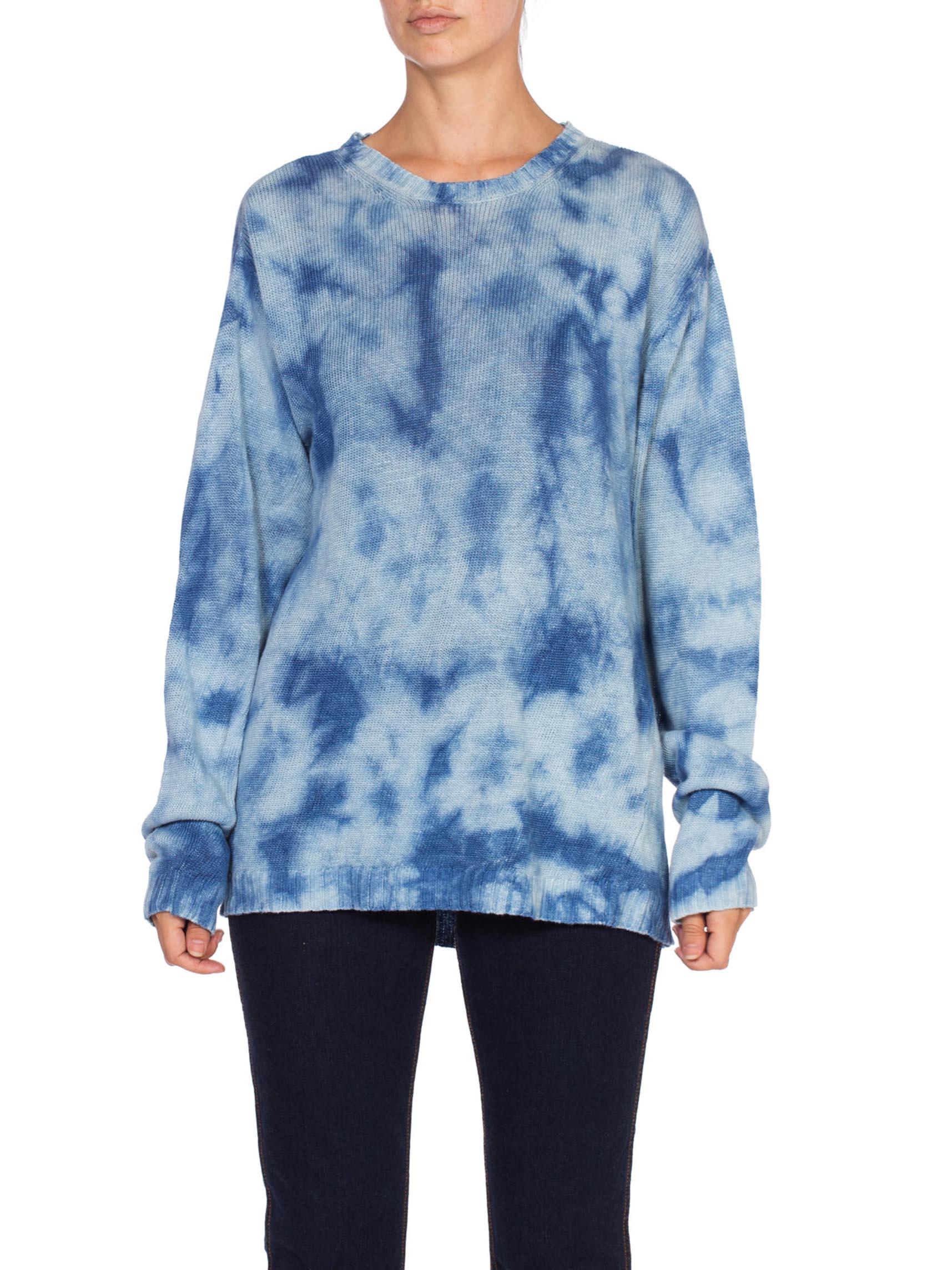 1980'S Cotton Linen Summer Knit Blue Denim Tie Dye Sweater 1