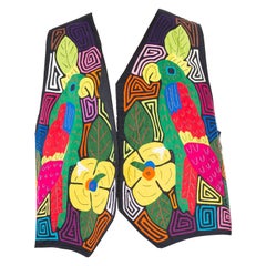 1980S Black Cotton Tropical Parrot Appliqué South American Vest