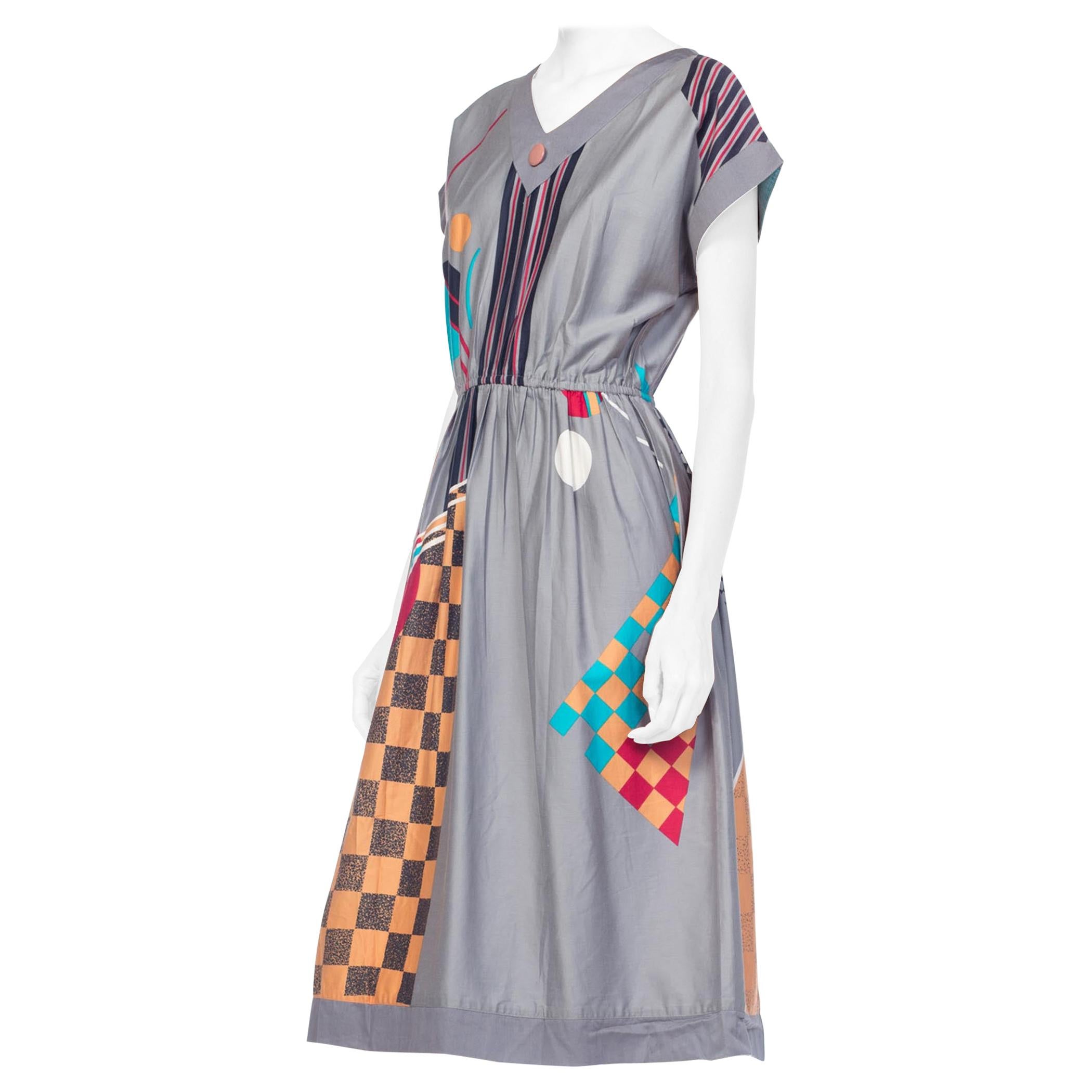 1980S Cotton Sateen Bauhaus Geometric Print Dress From Japan, Deadstock