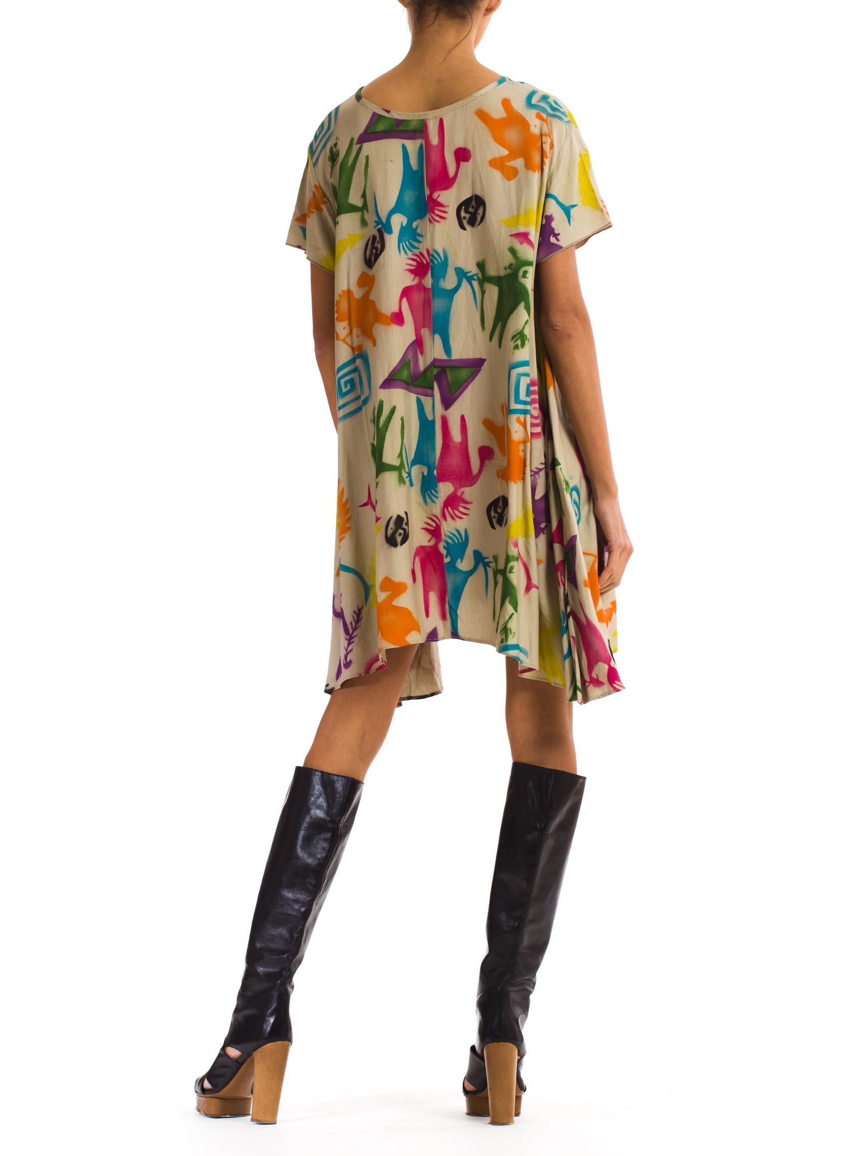 1980S Multicolor Rayon Cave Painting Stencil Print Oversized Tunic Dress With P 5