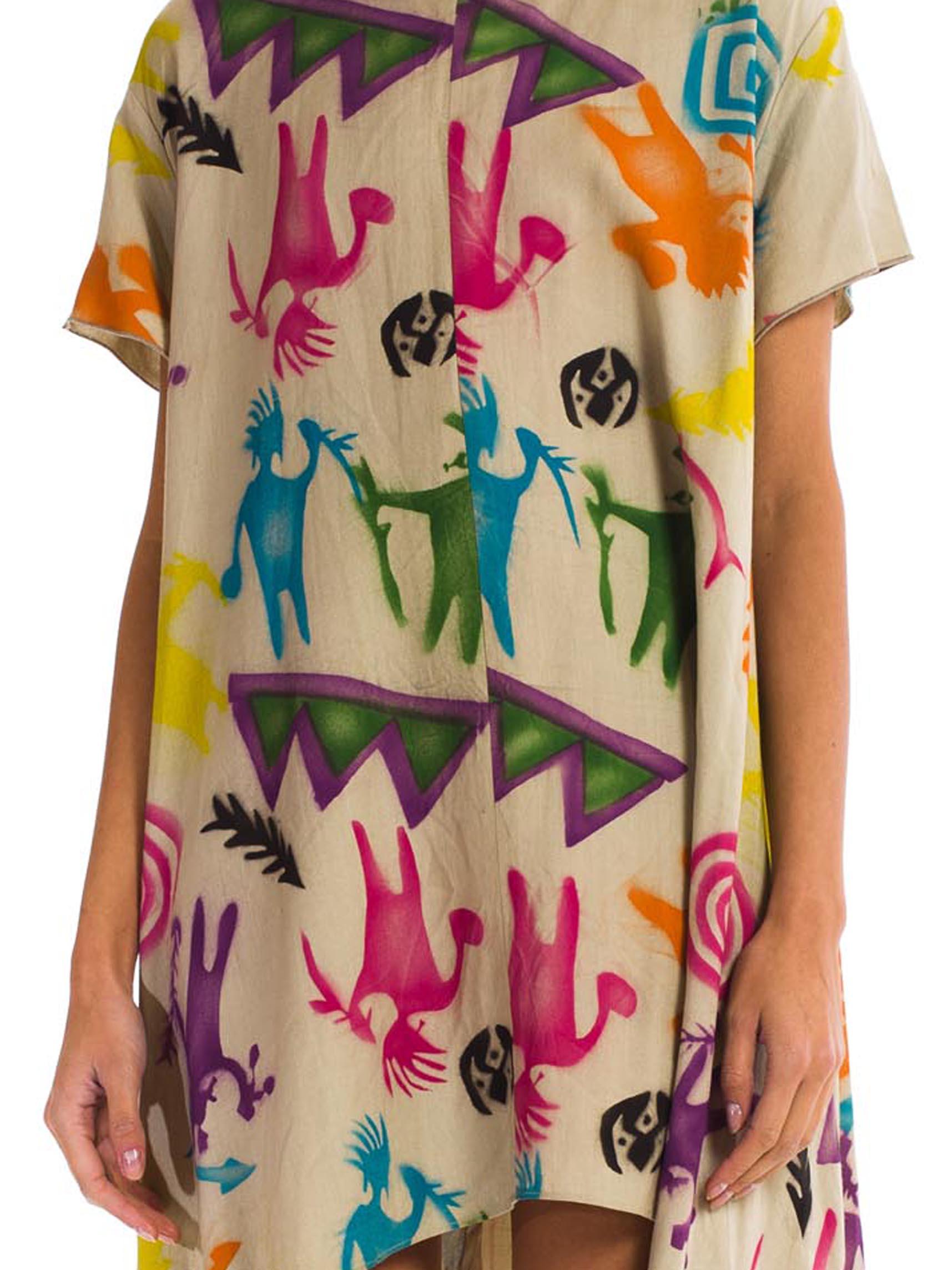 1980S Multicolor Rayon Cave Painting Stencil Print Oversized Tunic Dress With Pockets