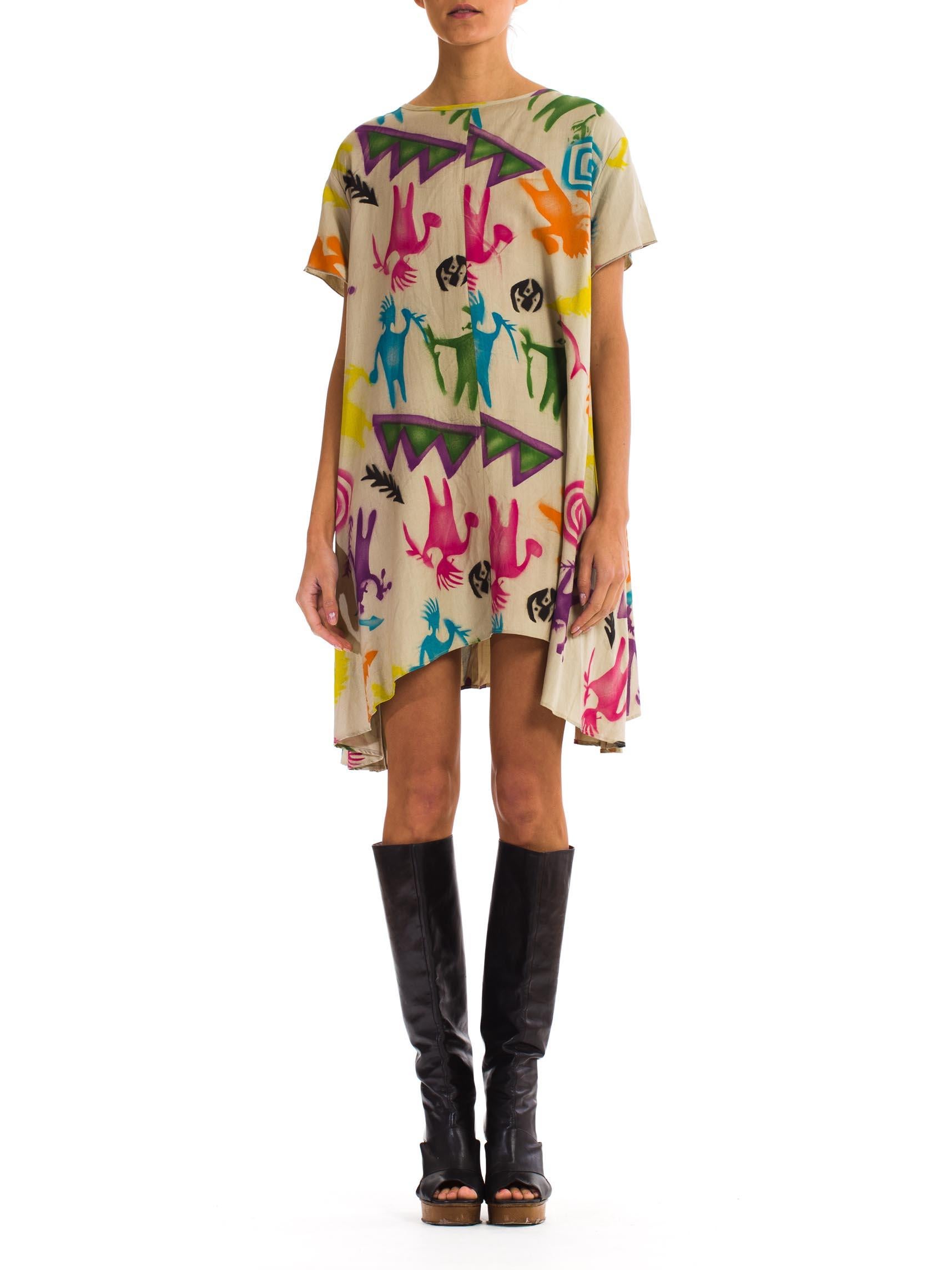 Beige 1980S Multicolor Rayon Cave Painting Stencil Print Oversized Tunic Dress With P