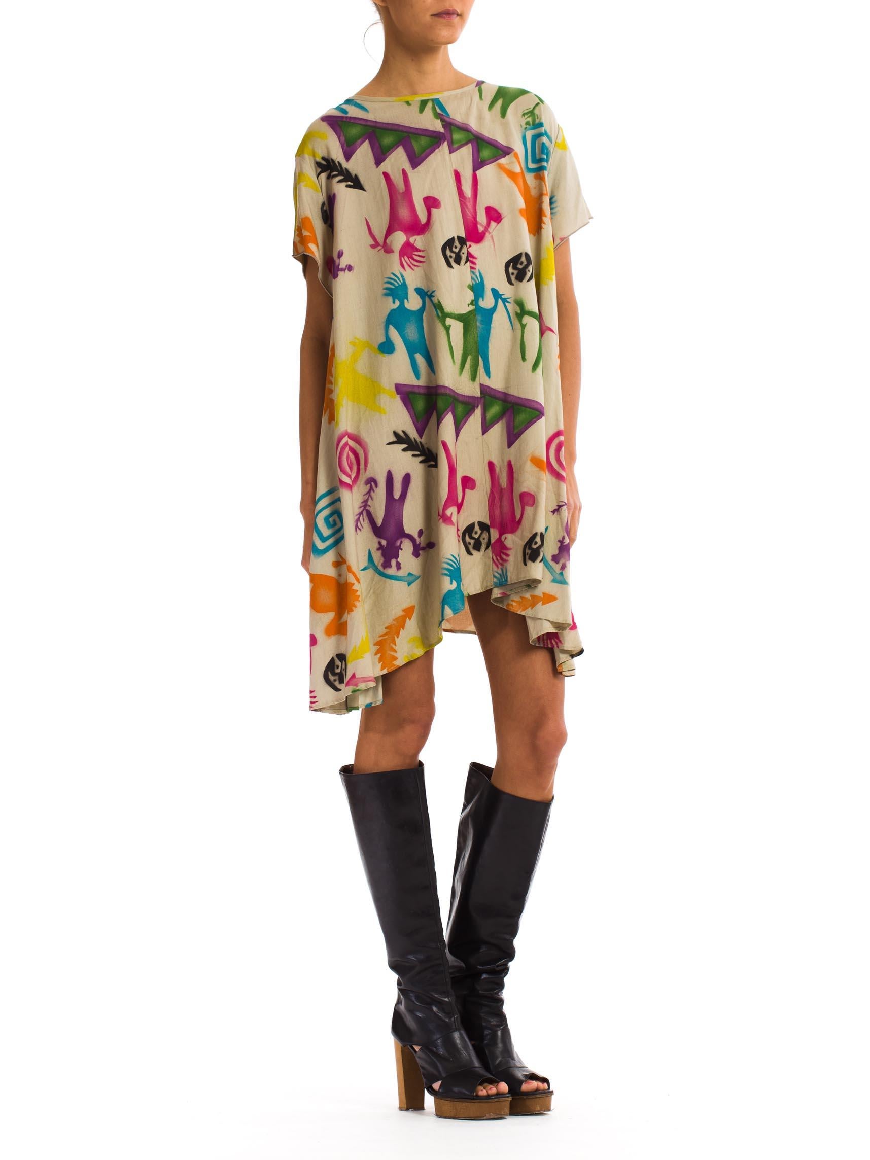 1980S Multicolor Rayon Cave Painting Stencil Print Oversized Tunic Dress With P 1