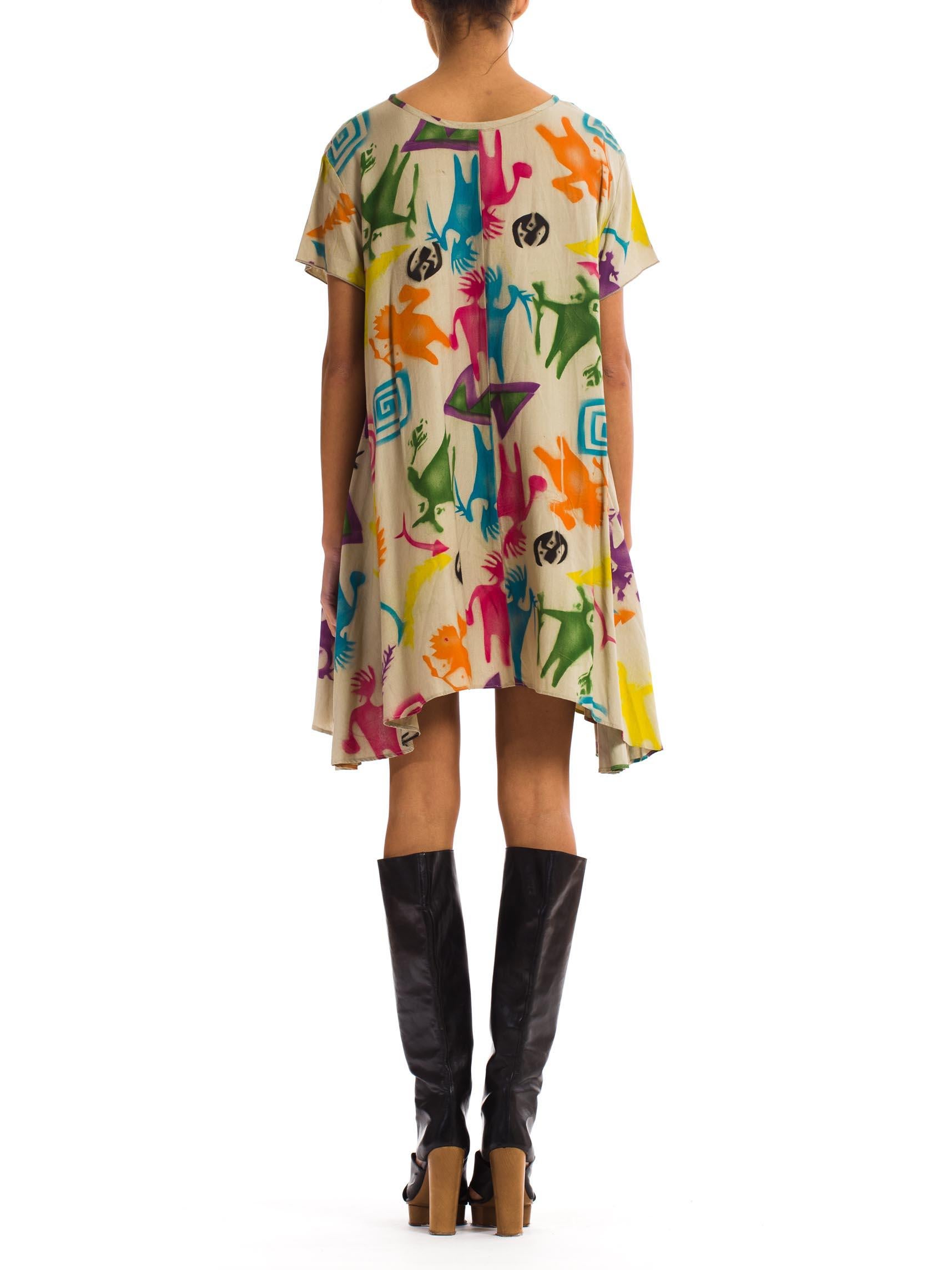 1980S Multicolor Rayon Cave Painting Stencil Print Oversized Tunic Dress With P 3