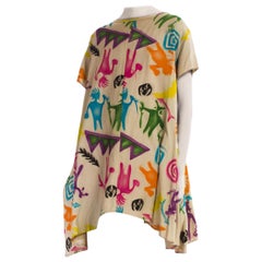 1980S Multicolor Rayon Cave Painting Stencil Print Oversized Tunic Dress With P