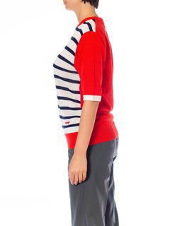 1980S COURRÈGES HOMME PARIS White, Red & Navy Blue Acrylic Linen Knit Shirt