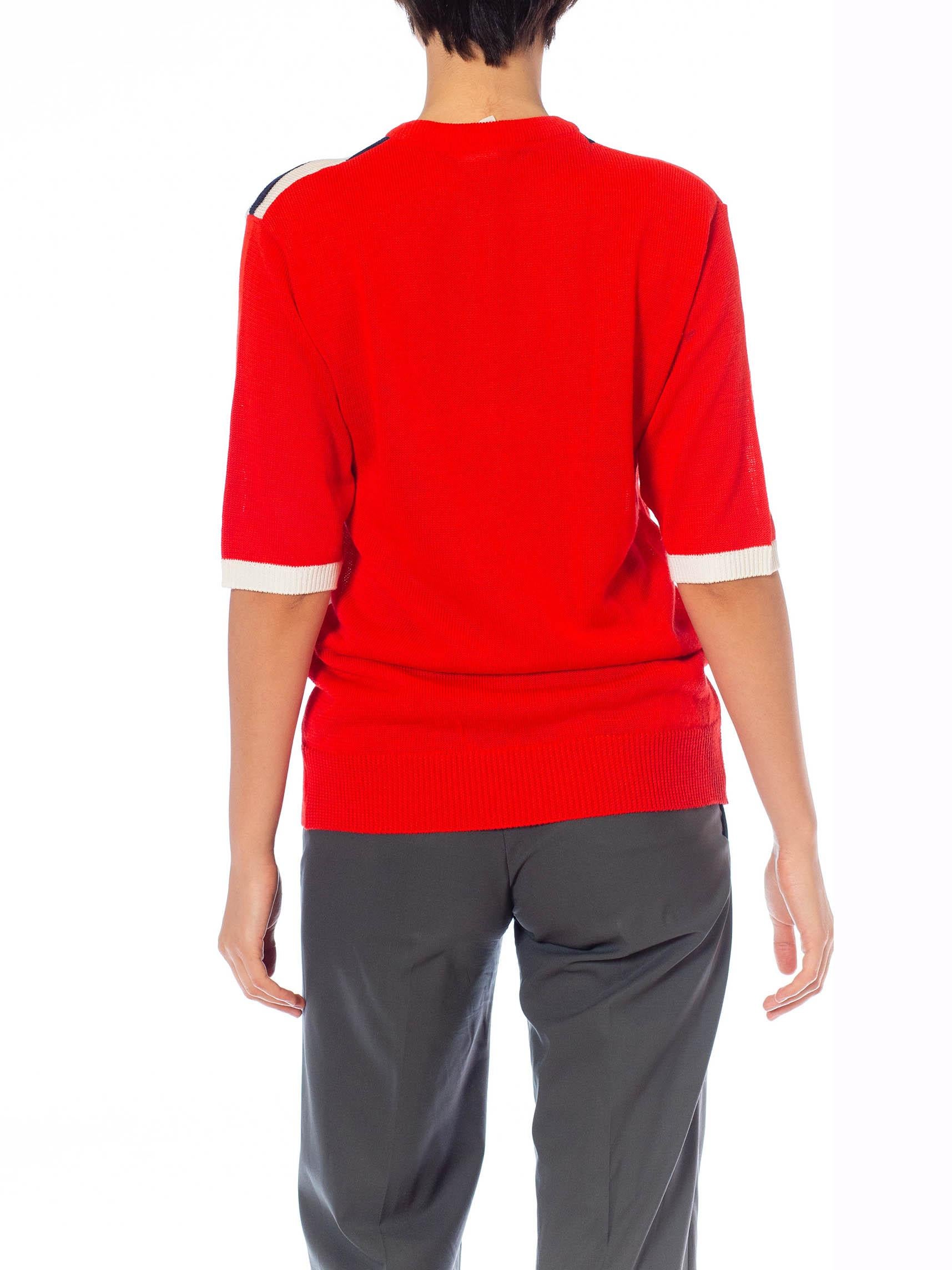 1980S COURRÈGES HOMME PARIS White, Red & Navy Blue Acrylic Linen Knit Shirt For Sale 2