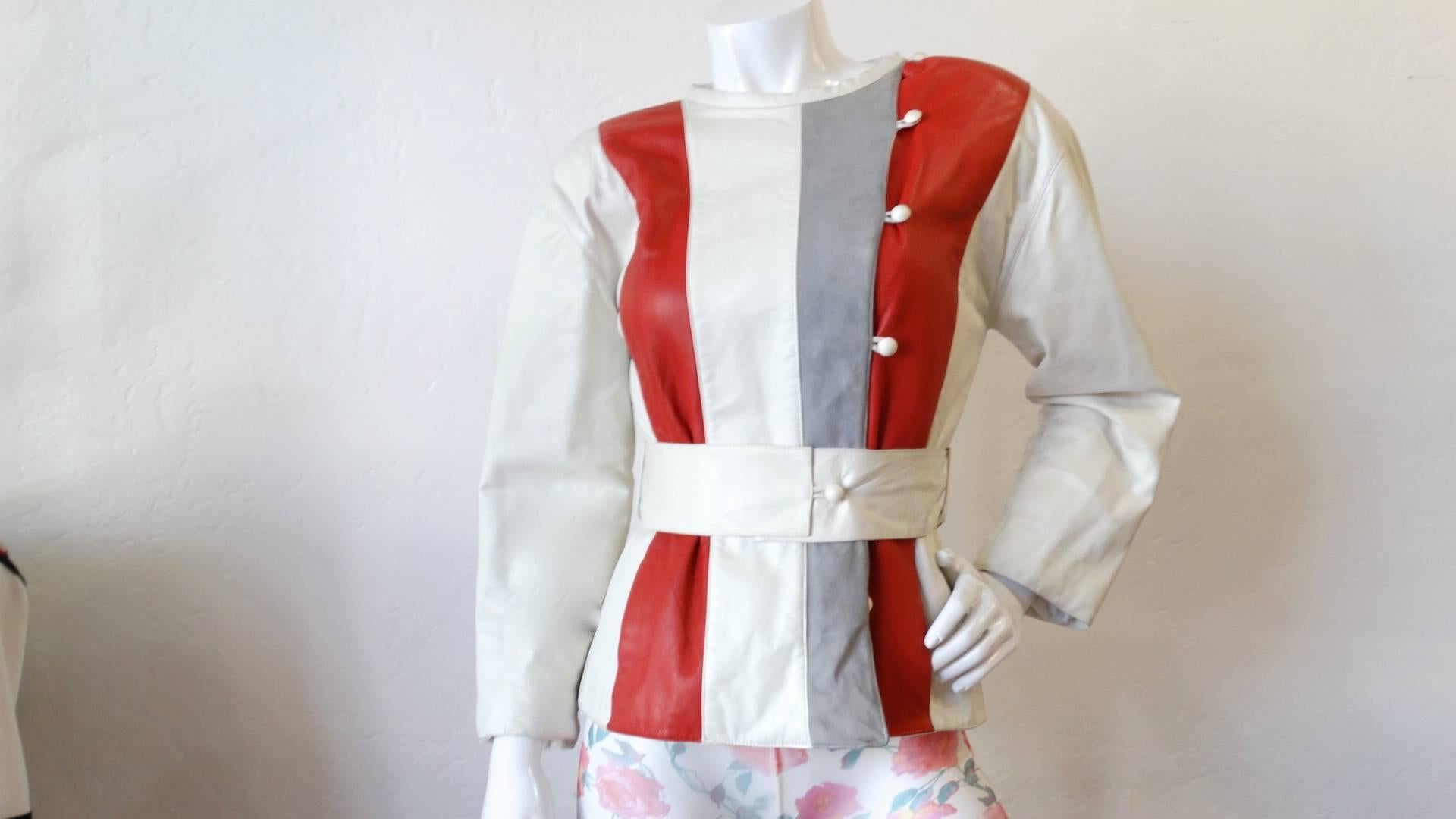 Courreges Striped Leather Belted Jacket, 1980s  For Sale 9