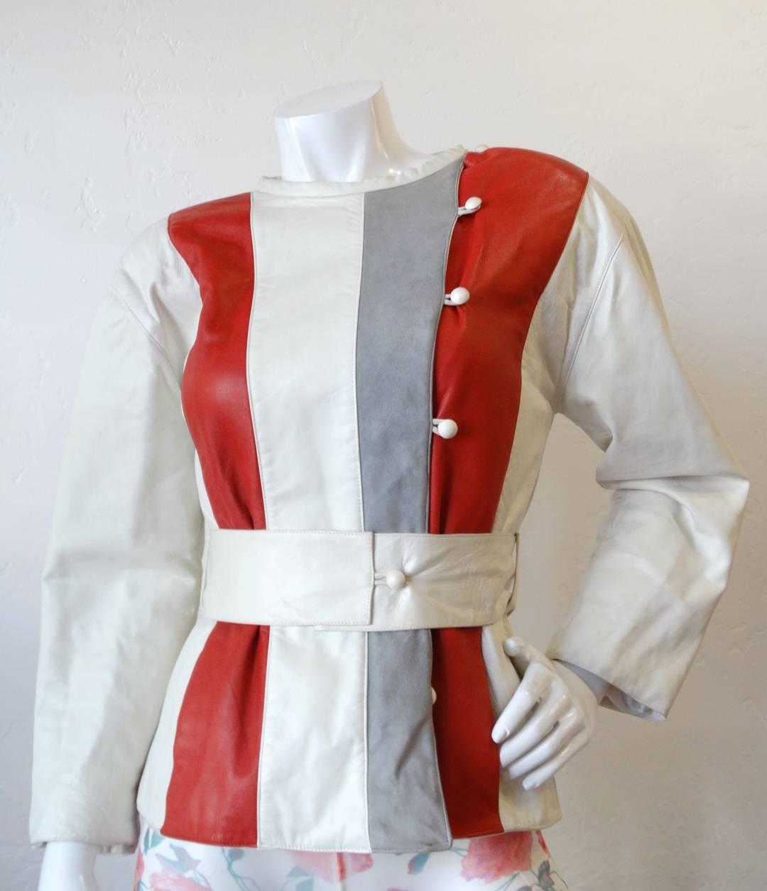 Courreges Striped Leather Belted Jacket, 1980s  For Sale 13