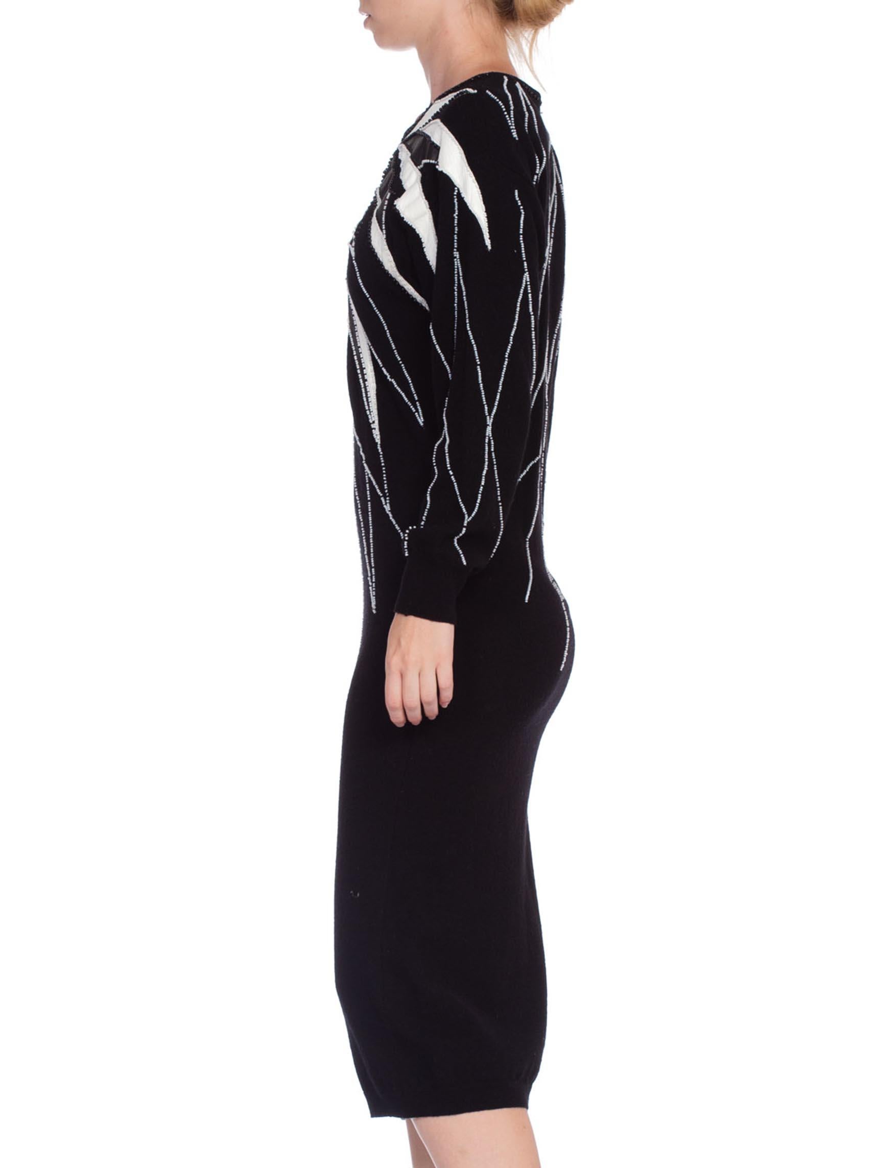 Women's 1980'S Black & White Hand Beaded Wool Long Sleeve Sweater Dress