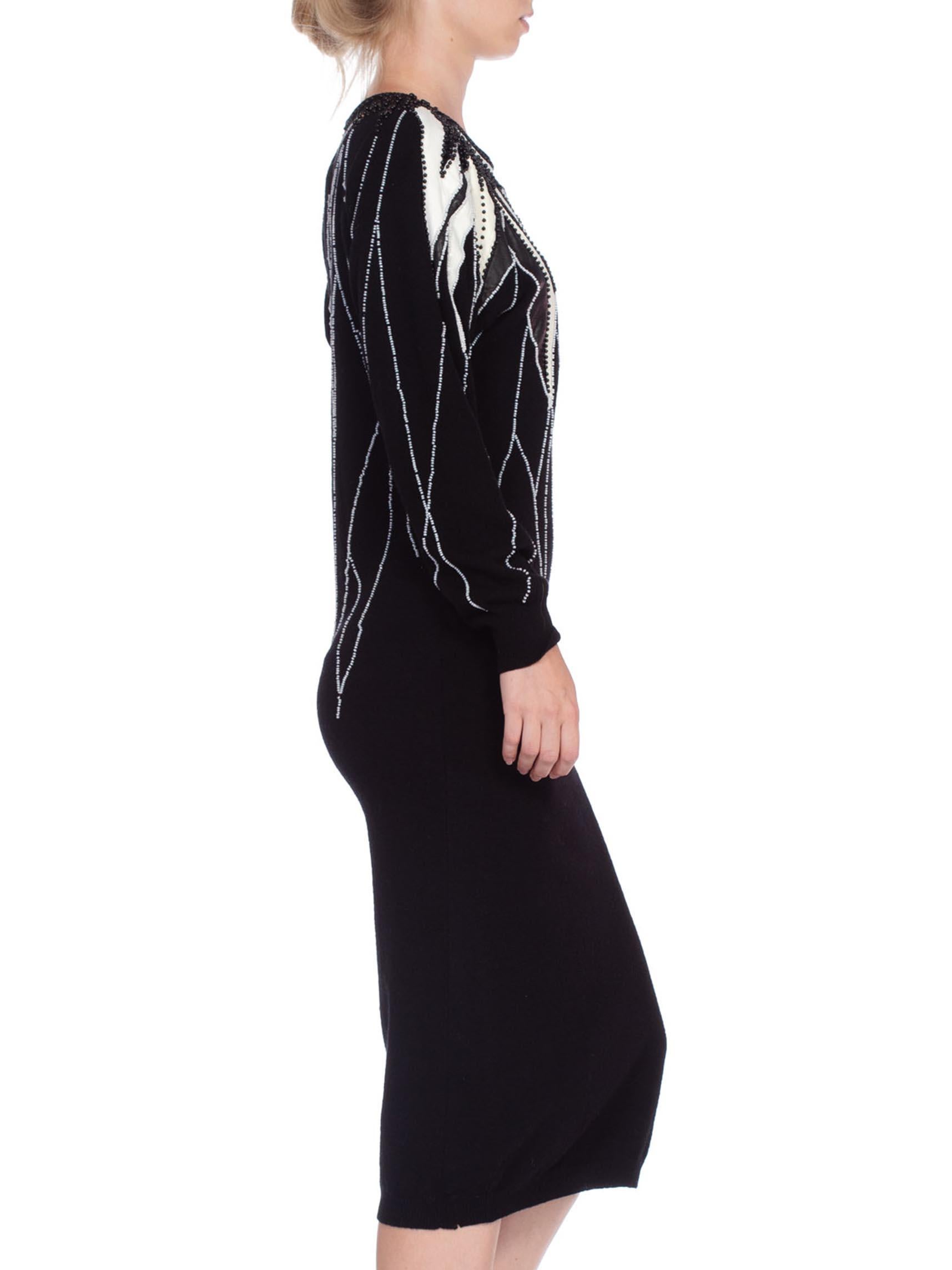 1980'S Black & White Hand Beaded Wool Long Sleeve Sweater Dress 1