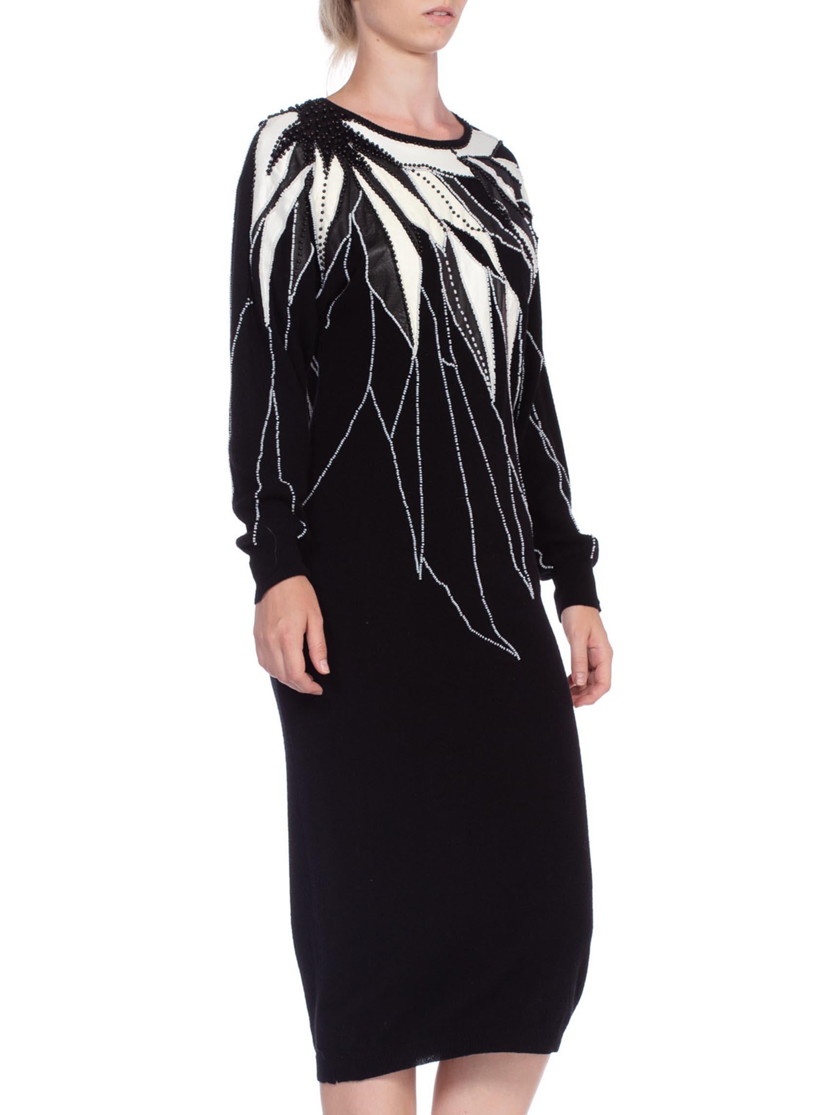 1980'S Black & White Hand Beaded Wool Long Sleeve Sweater Dress 2