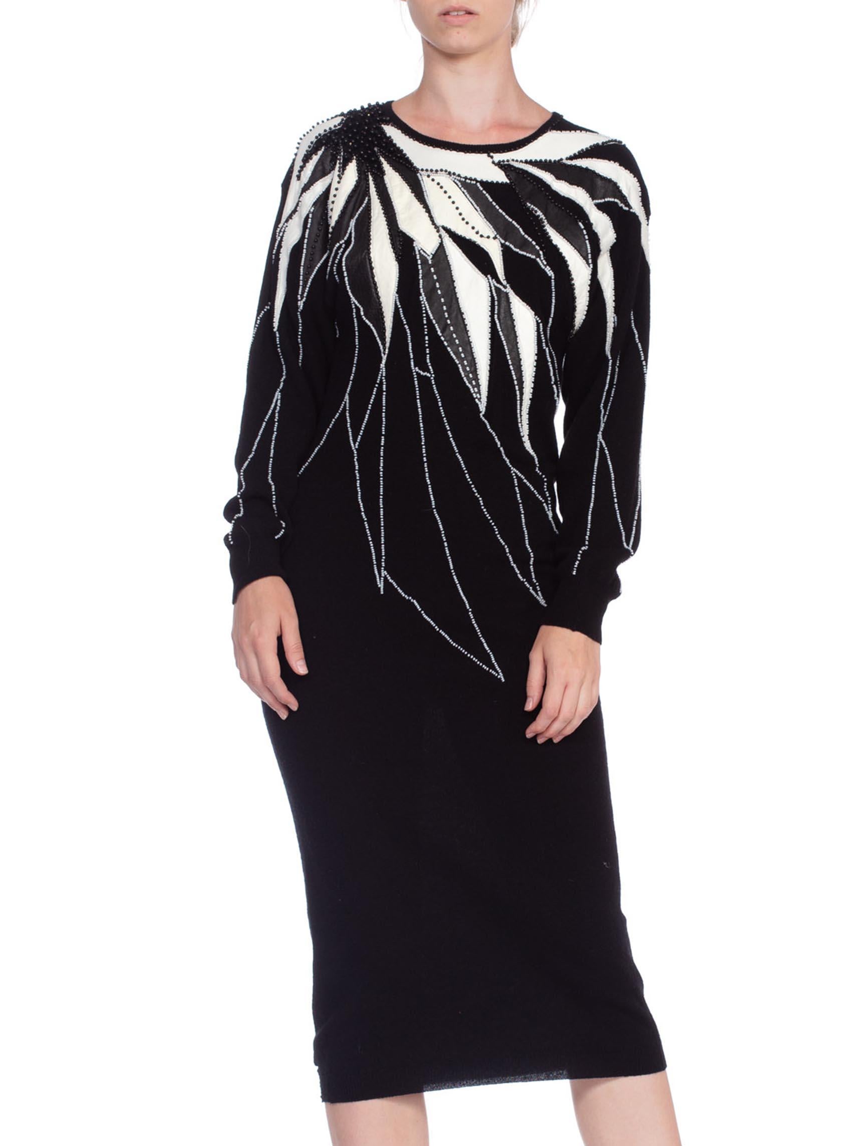 1980'S Black & White Hand Beaded Wool Long Sleeve Sweater Dress 3