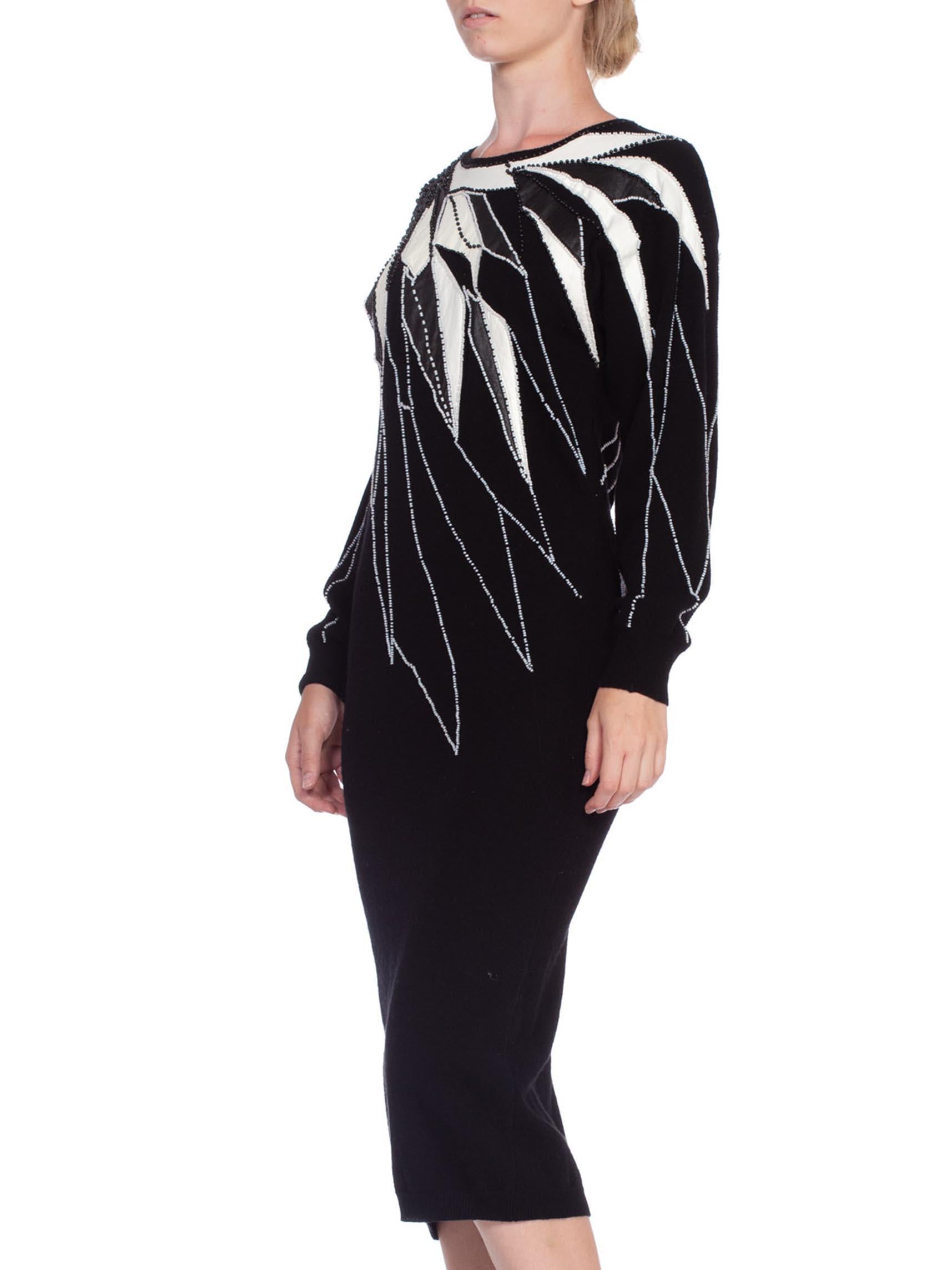 1980'S Black & White Hand Beaded Wool Long Sleeve Sweater Dress 4