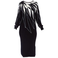 1980'S Black & White Hand Beaded Wool Long Sleeve Sweater Dress