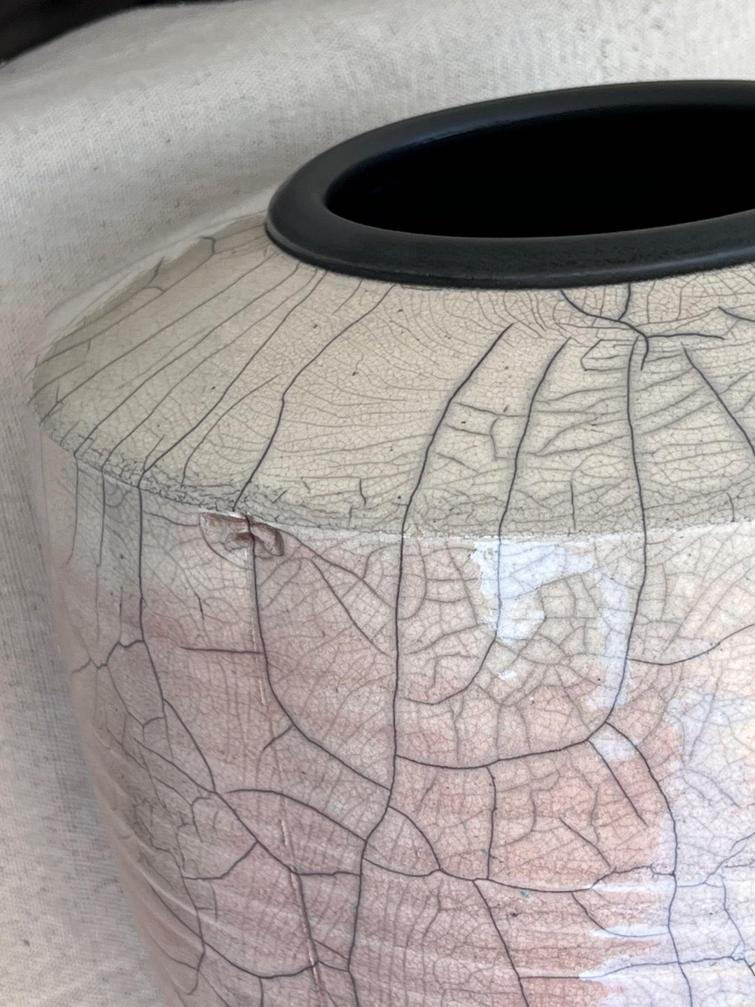 Mid-Century Modern 1980s Crackle Glaze Raku Pottery Vase For Sale