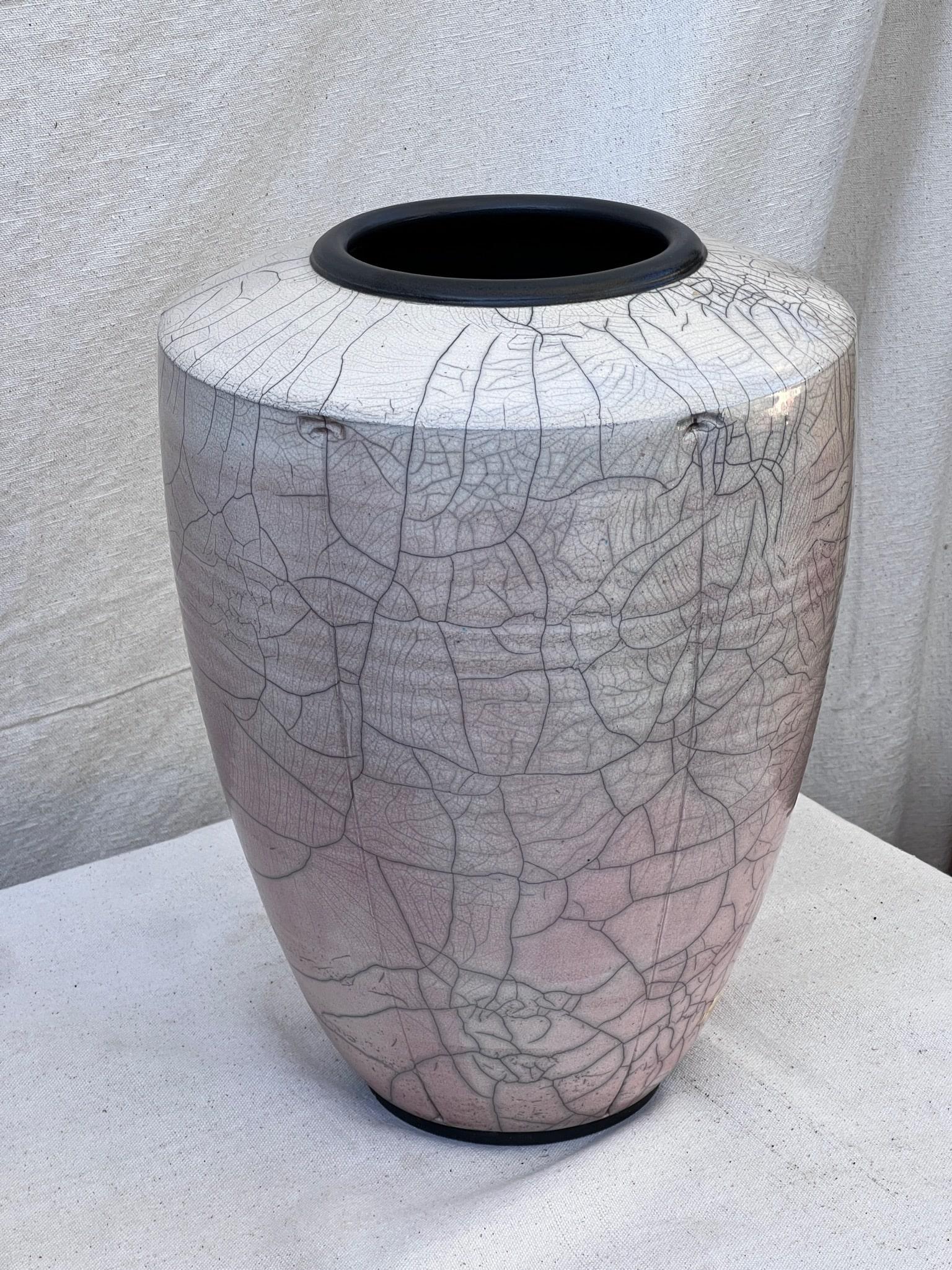 1980s Crackle Glaze Raku Pottery Vase For Sale 1