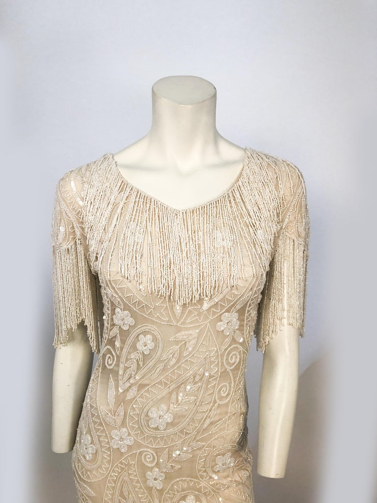 1980s Cream Beaded Dress with Fringe at 1stDibs