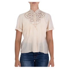 1980'S Cream Hand Embroidered Silk Top