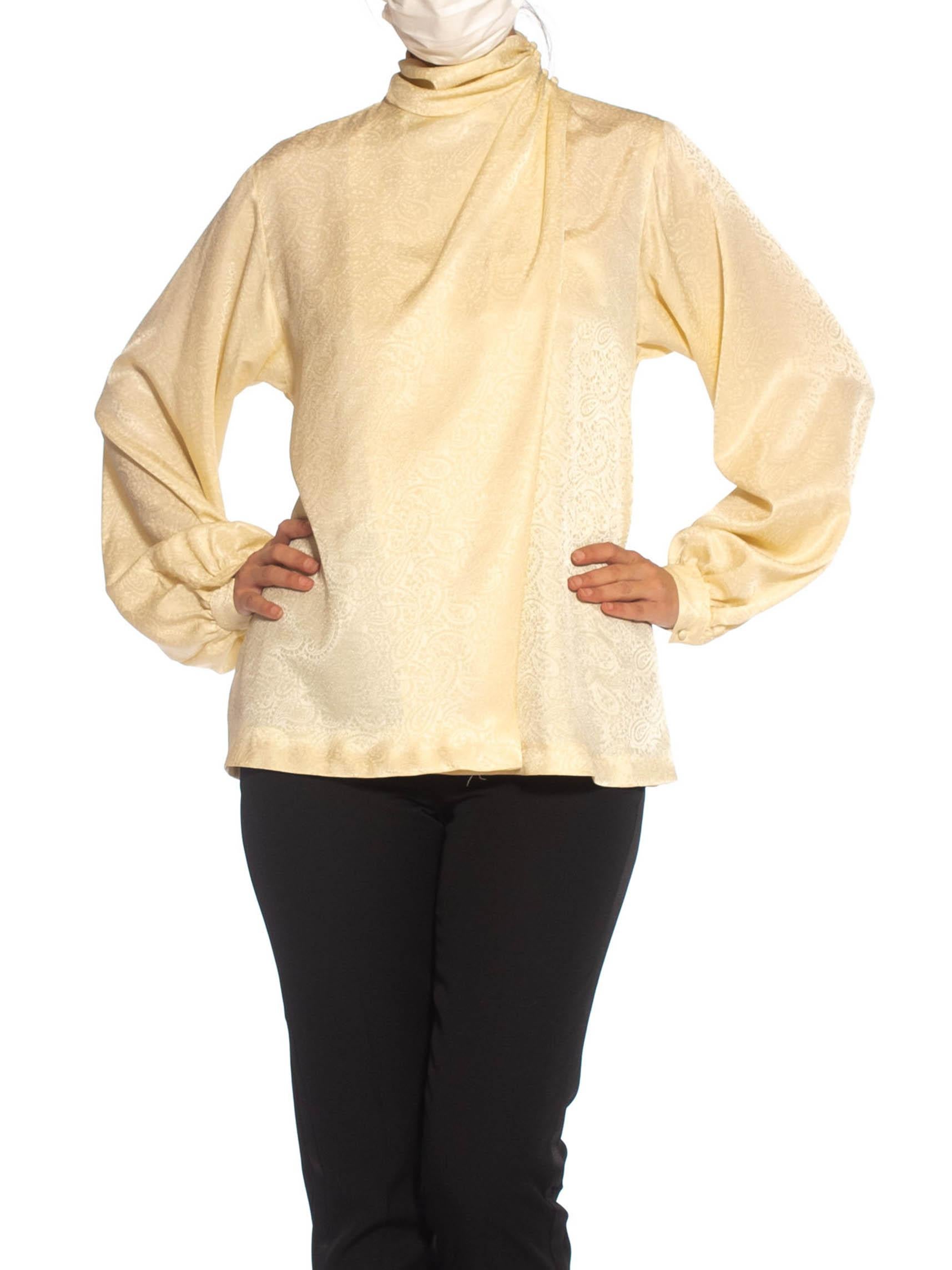 Women's 1980S Cream Polyester Jacquard Draped Blouse