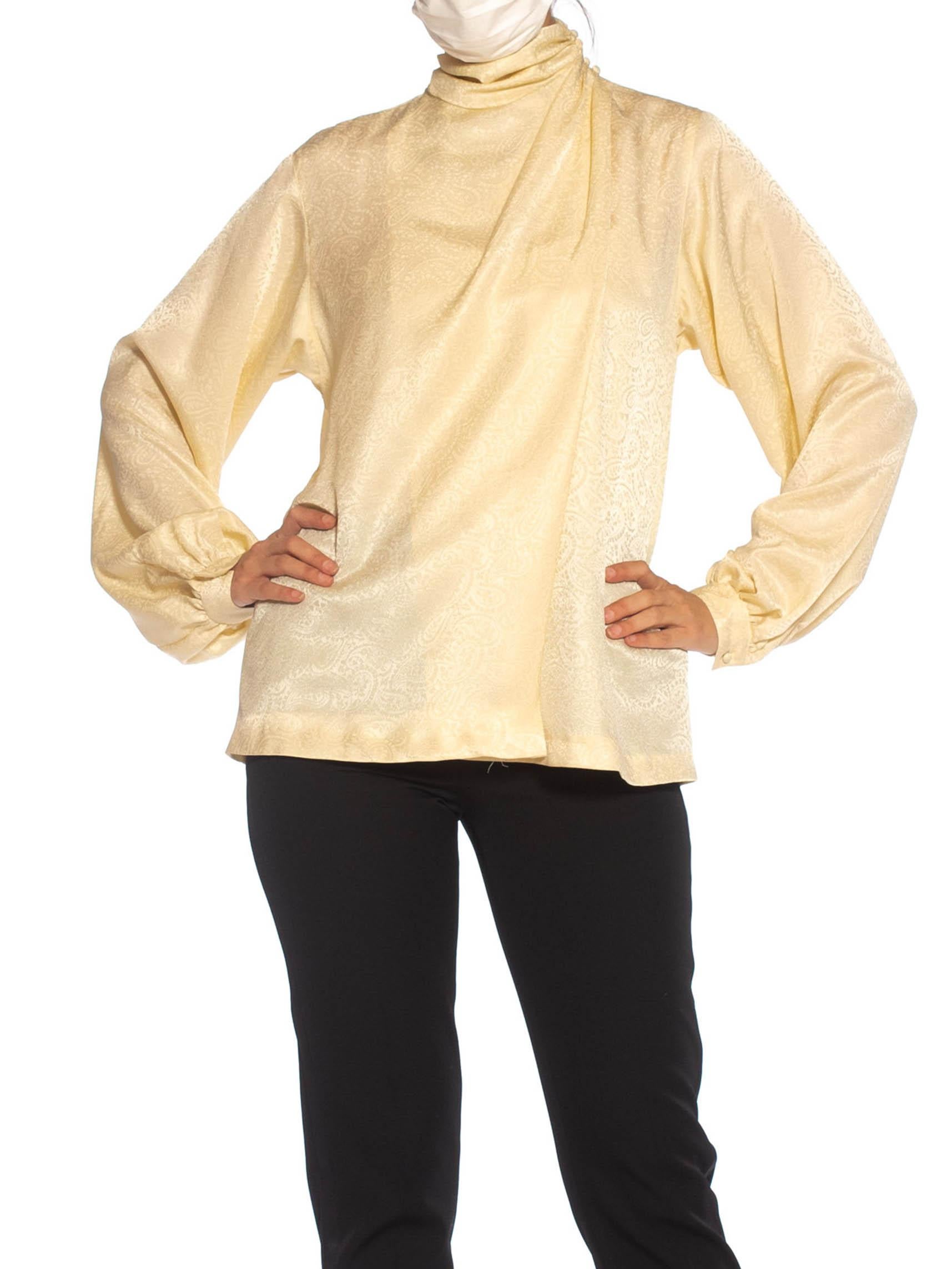 1980S Cream Polyester Jacquard Draped Blouse 1