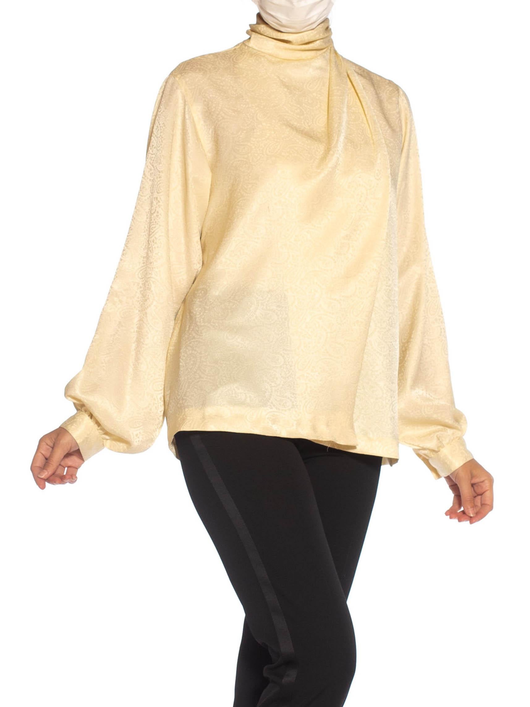 1980S Cream Polyester Jacquard Draped Blouse 2