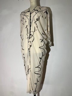 1980s Cream Silk Chiffon Calf-Length Caftan Dress w Black Calligraphy Print