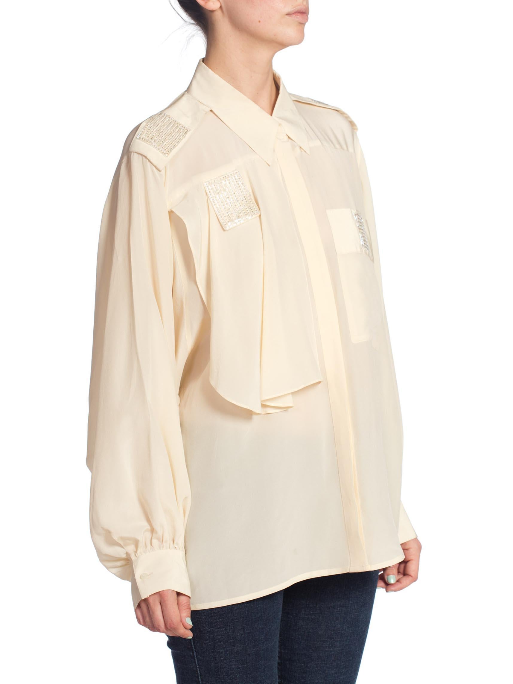 1980S Cream Silk Crepe De Chine Blouse With Beaded Details In Excellent Condition In New York, NY