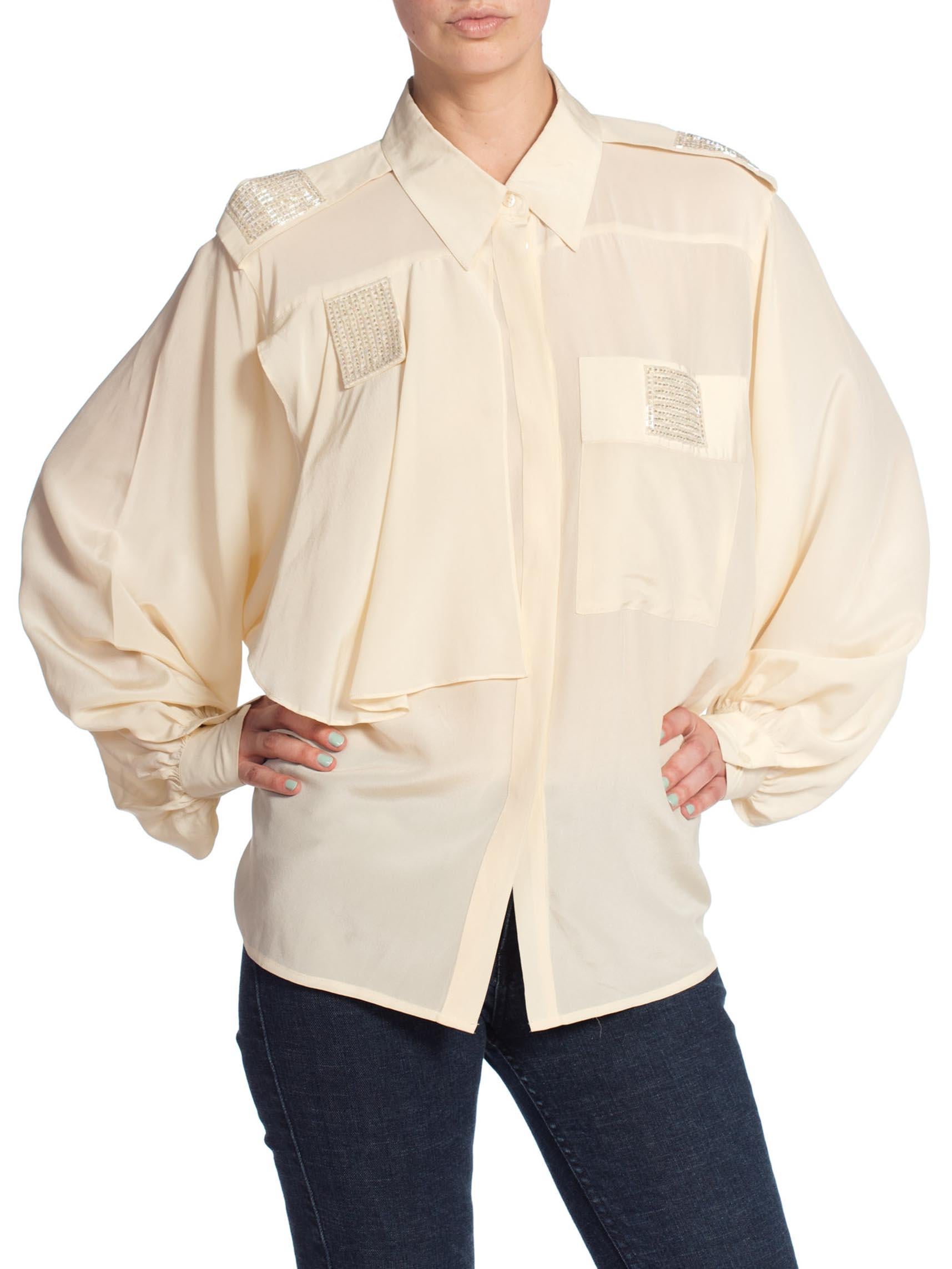 Women's 1980S Cream Silk Crepe De Chine Blouse With Beaded Details