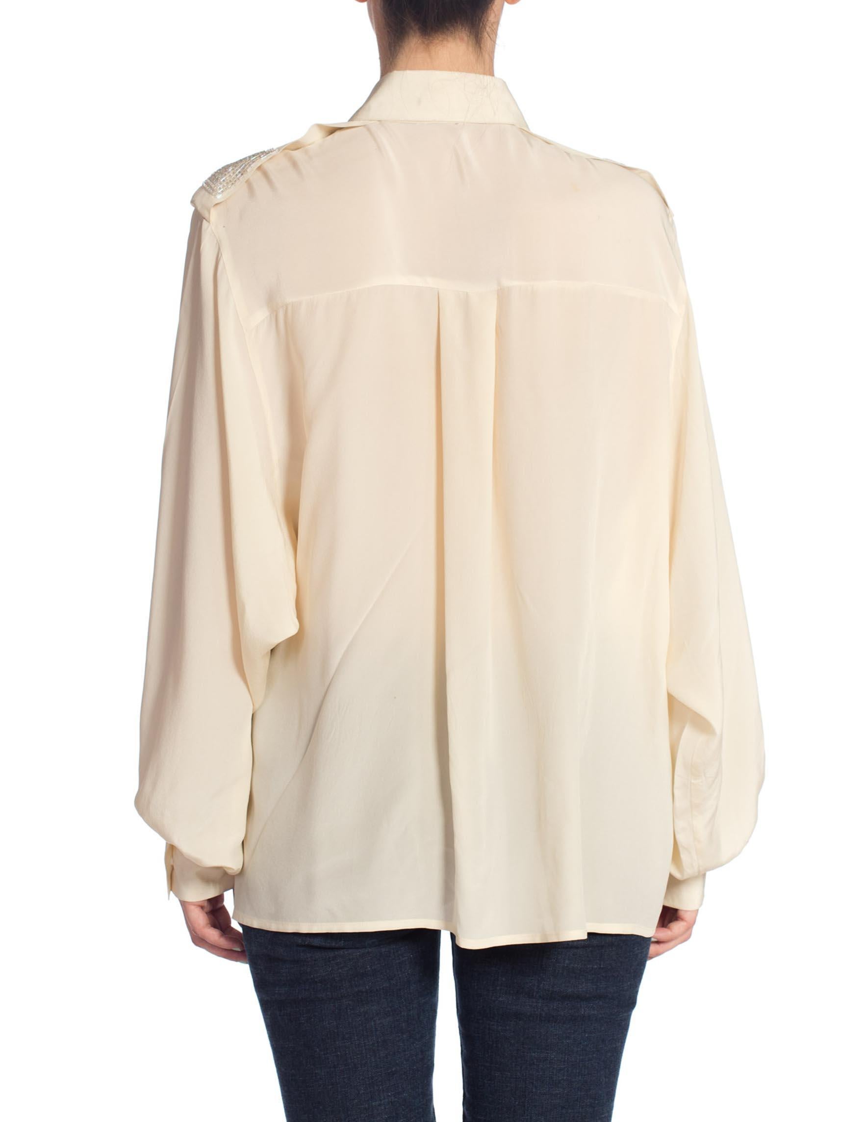 1980S Cream Silk Crepe De Chine Blouse With Beaded Details 1