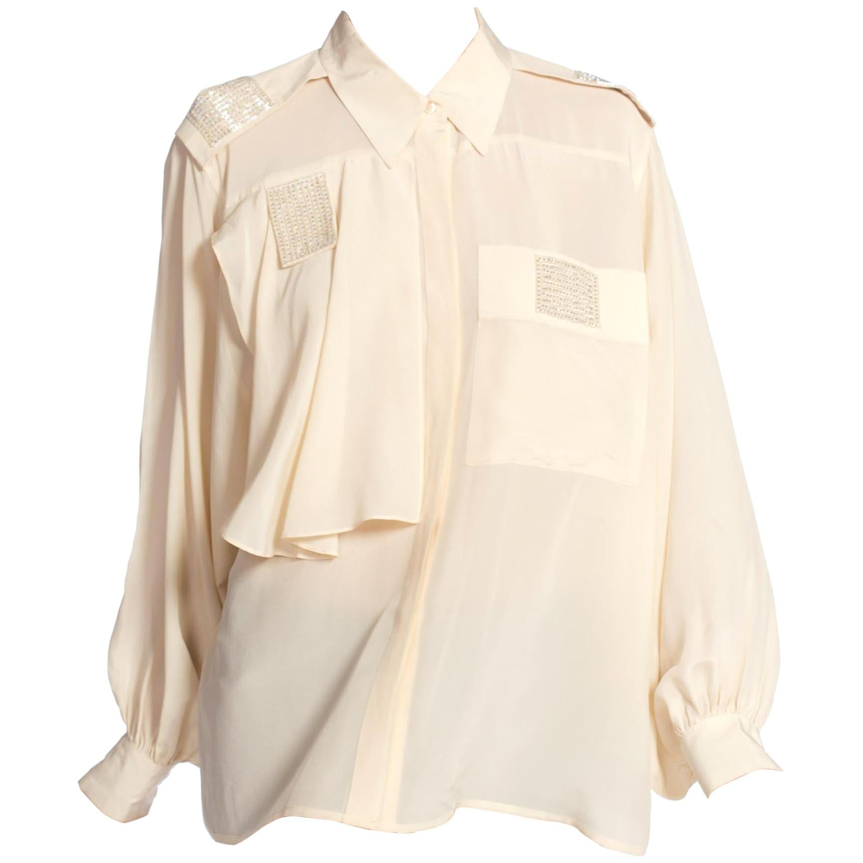 1980S Cream Silk Crepe De Chine Blouse With Beaded Details