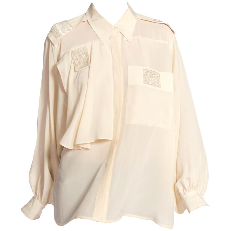 1980S Cream Silk Crepe De Chine Beaded Blouse For Sale at 1stdibs