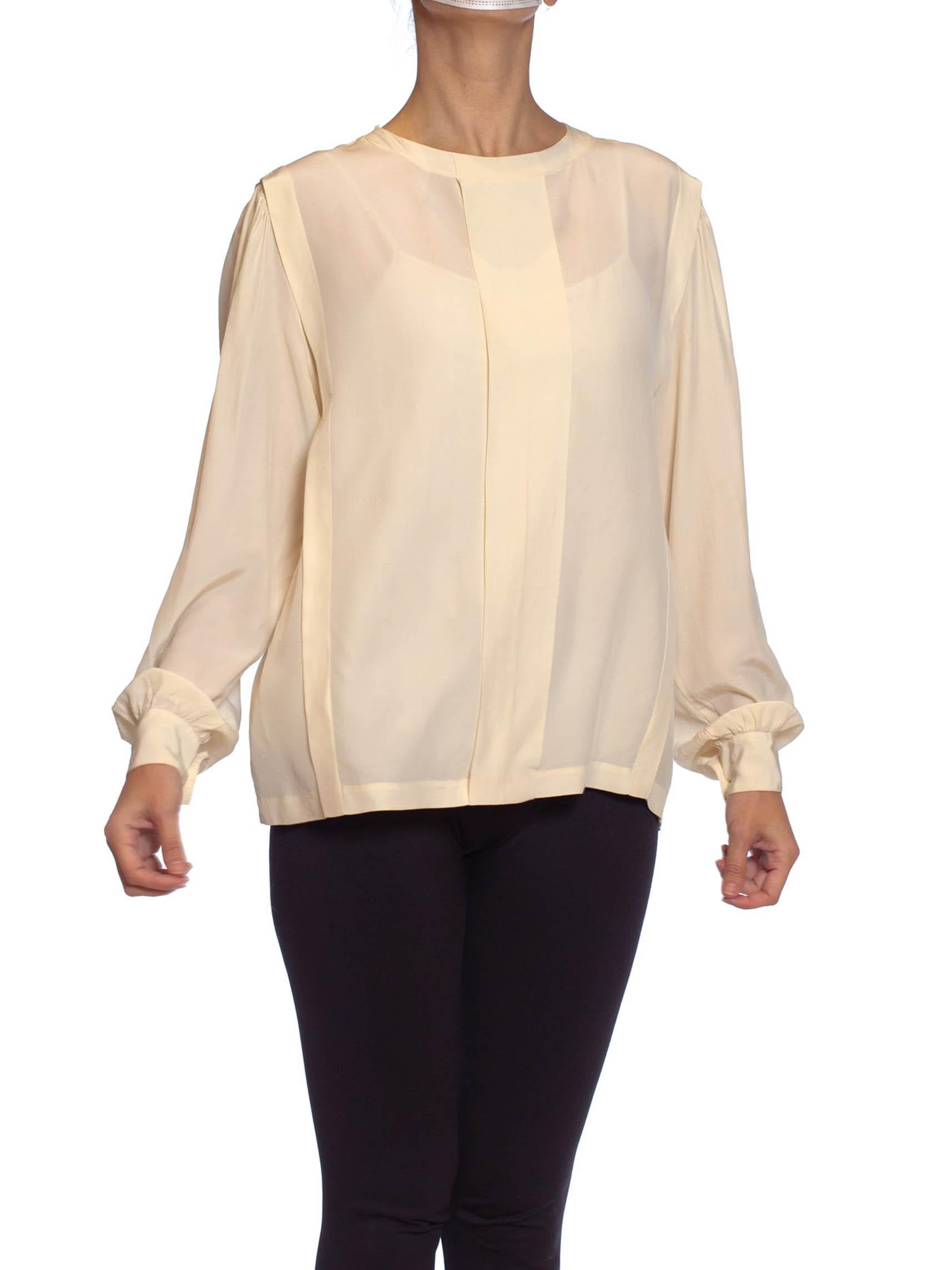Beige 1980S Cream Silk Crepe De Chine Hand Finished Blouse