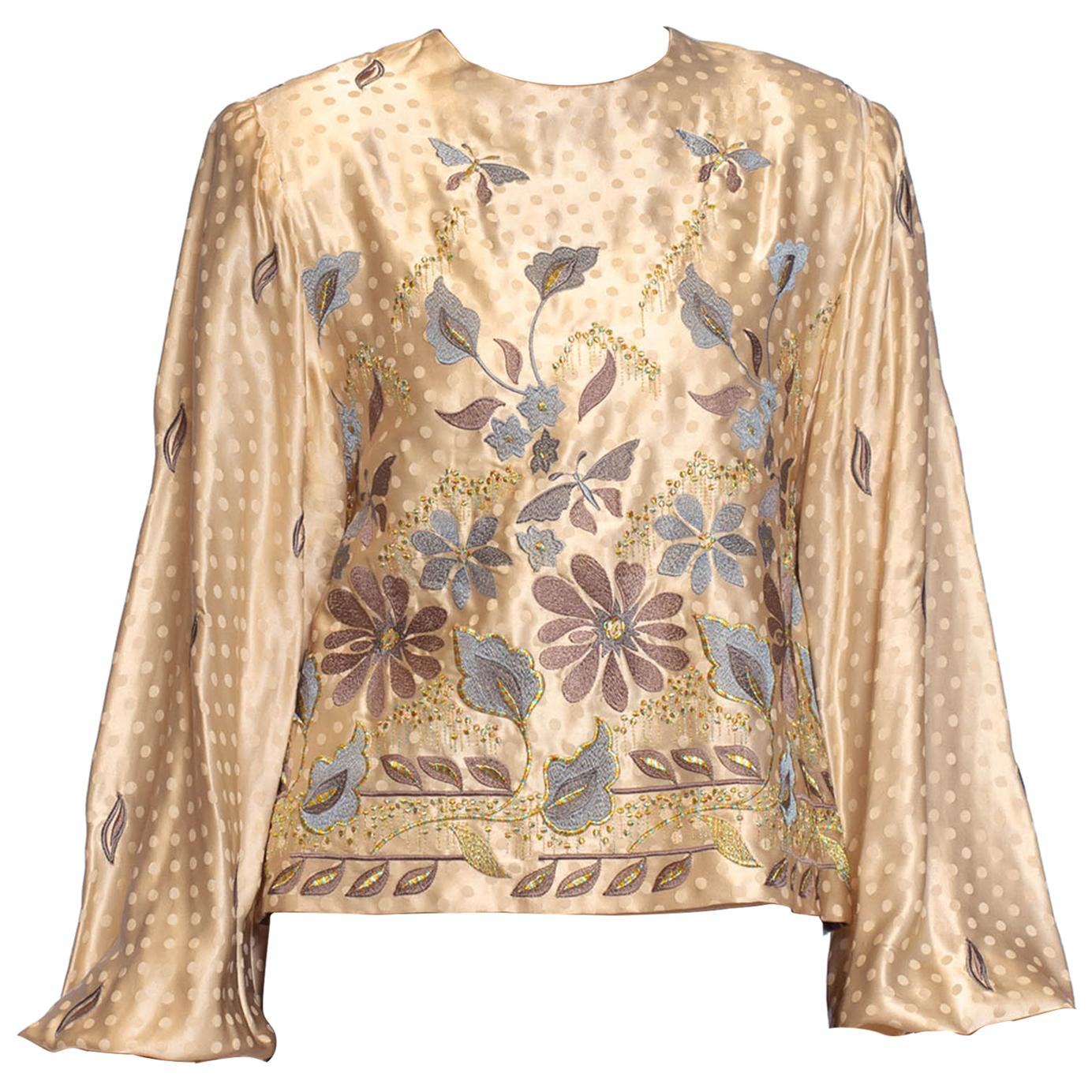 1980S Cream Silk Jacquard Metallic Floral Embroidered Blouse